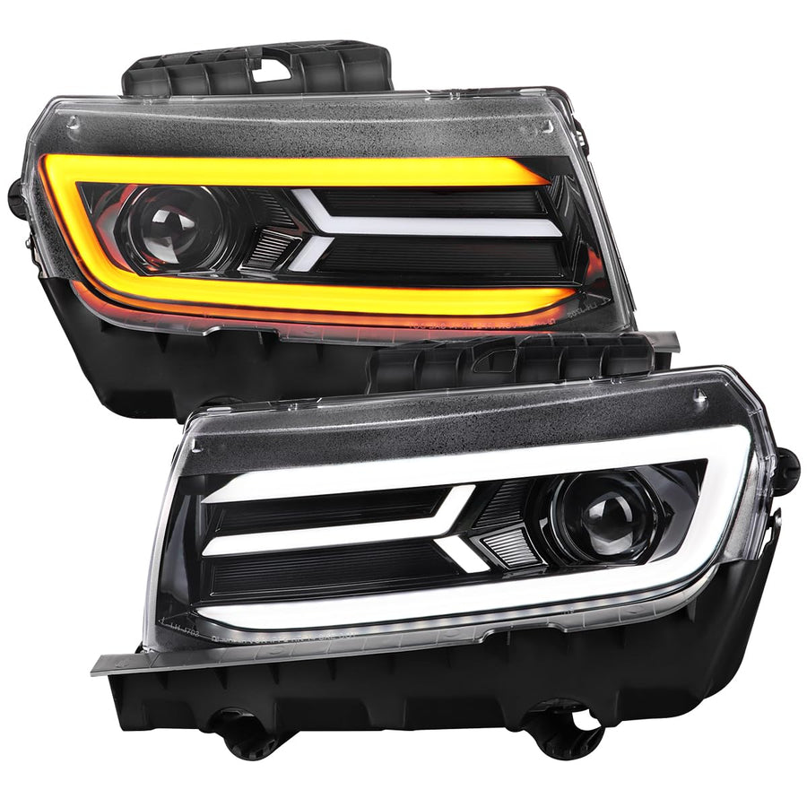 Glossy Black SPEC-D TUNING Projector Headlights w/Switchback and Sequential Turn Signals Compatible with 2014-2015 Chevy Camaro, Left + Right Pair Headlamps Assembly