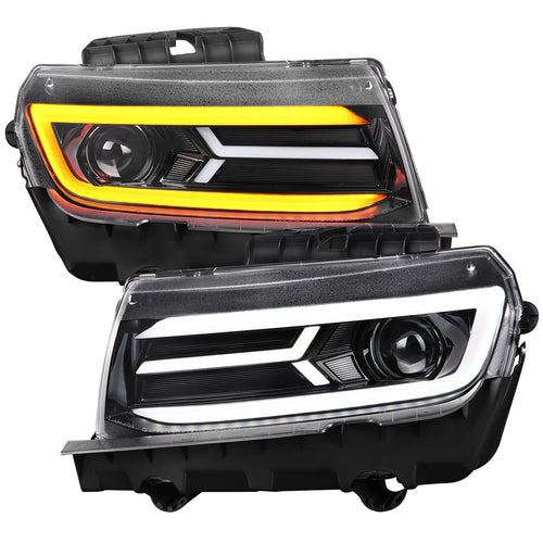 Glossy Black SPEC-D TUNING Projector Headlights w/Switchback and Sequential Turn Signals Compatible with 2014-2015 Chevy Camaro, Left + Right Pair Headlamps Assembly