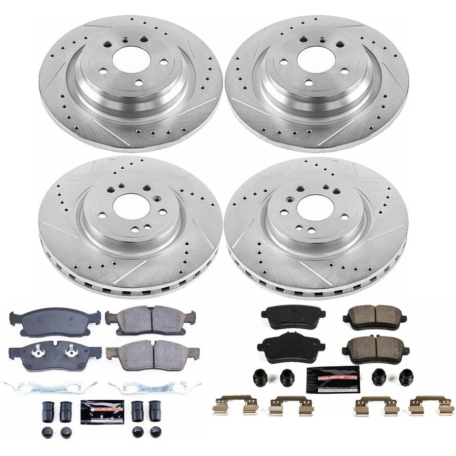 Power Stop K7441 Z23 Carbon Fiber Brake Pads Front and Rear with Drilled & Slotted Brake Rotors Kit and 1 Front & 1 Rear Sensor Wires For GLE300d, GLE350, ML, ML350 [Model Specific]
