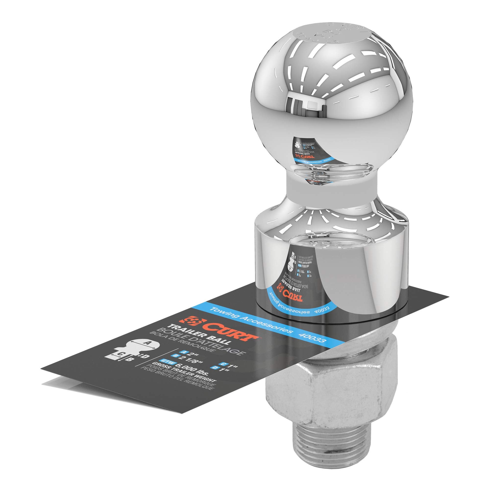 CURT Chrome Trailer Hitch Ball 40033, 6,000 lbs, 1-Inch Rise, 2-Inch Diameter, 1 x 2-1/8-Inch Shank