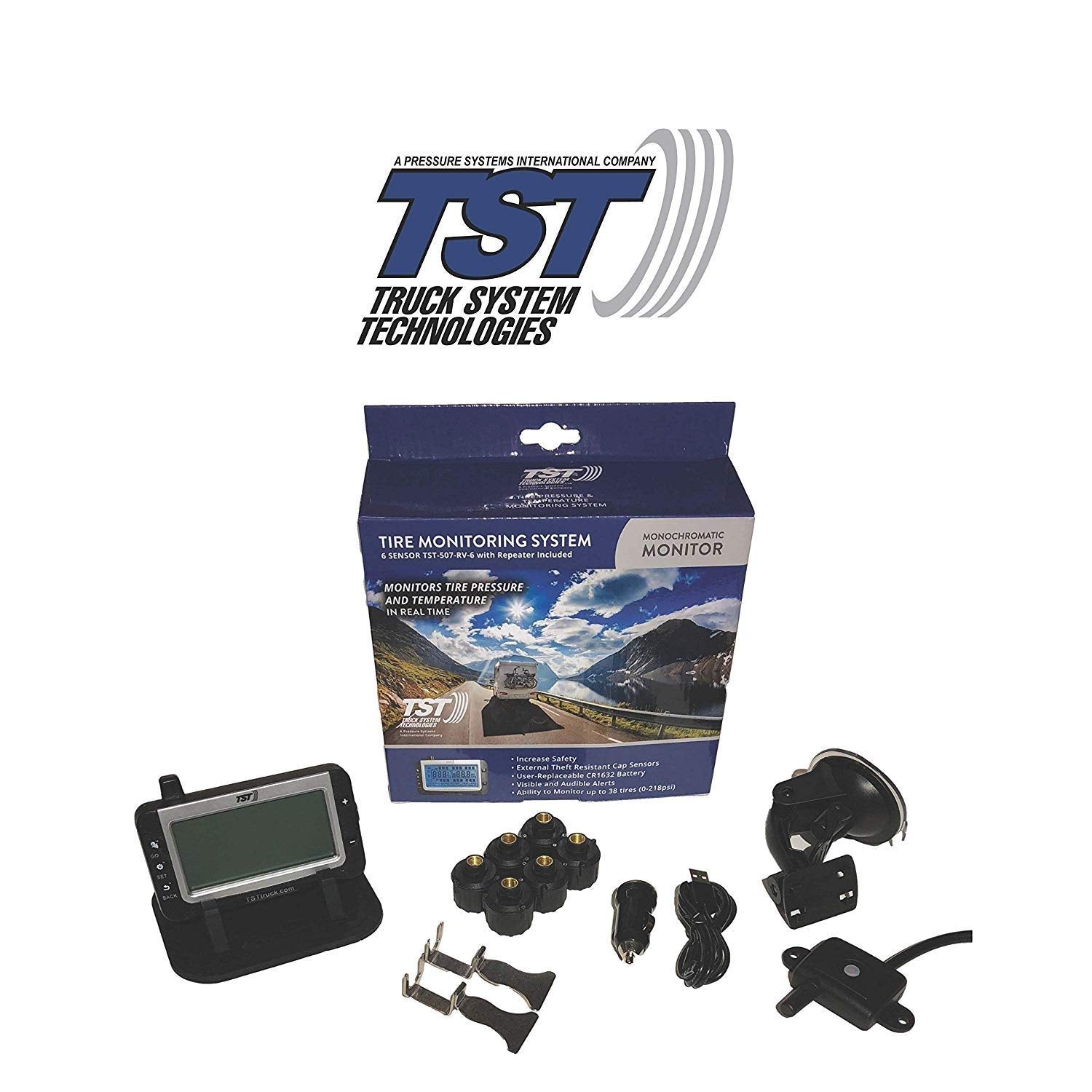 6 Sensor TST 507 Tire Monitoring System with Monochrome Display - Handles Multiple Trailers