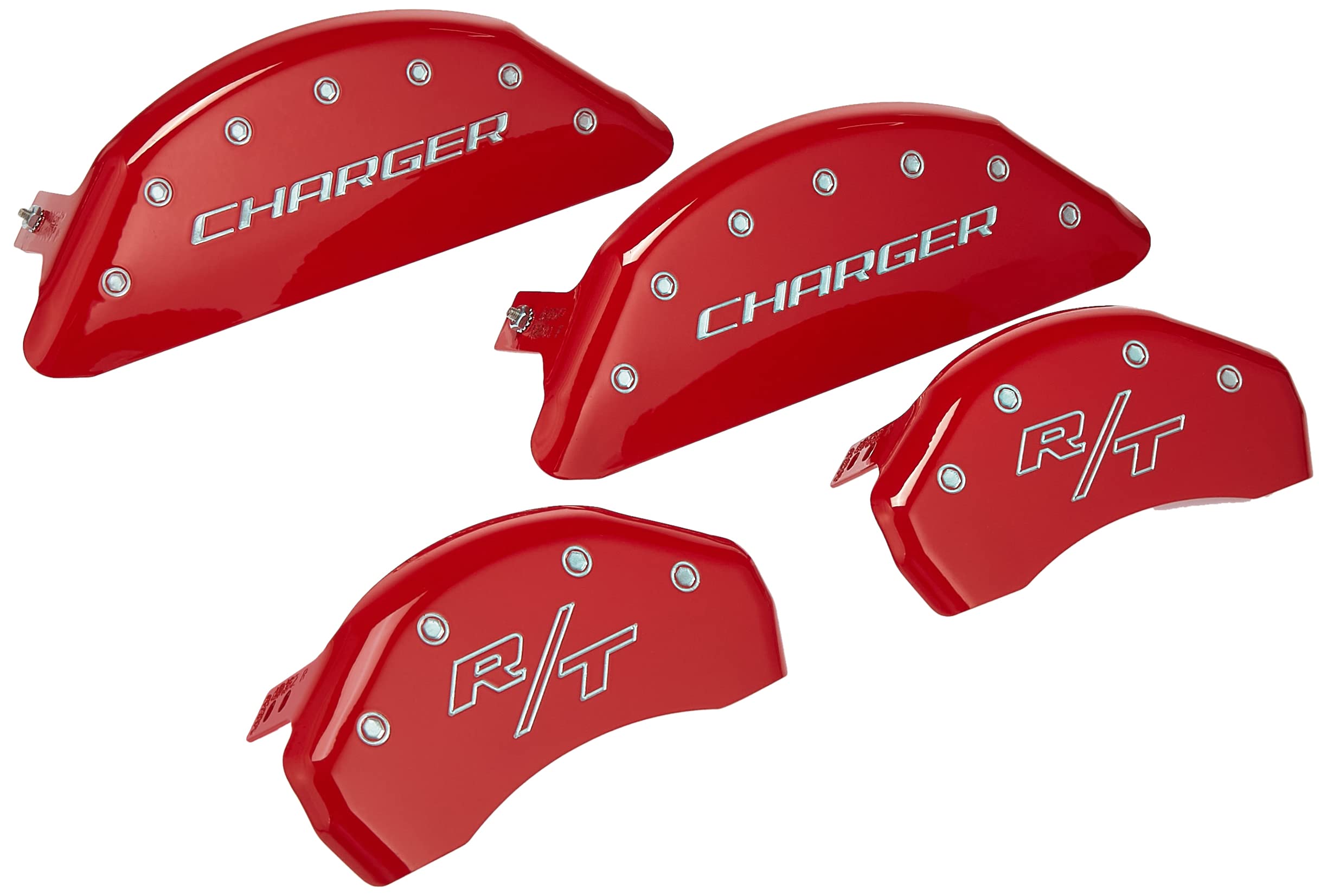Brake Caliper Covers MGP - for 2011-2023 Dodge Challenger & 2011-2023 Dodge Charger (Requires Dual Piston Front Caliper) Front and Rear Set - Engraved CHARGER & R/T Vintage Logo (Red)