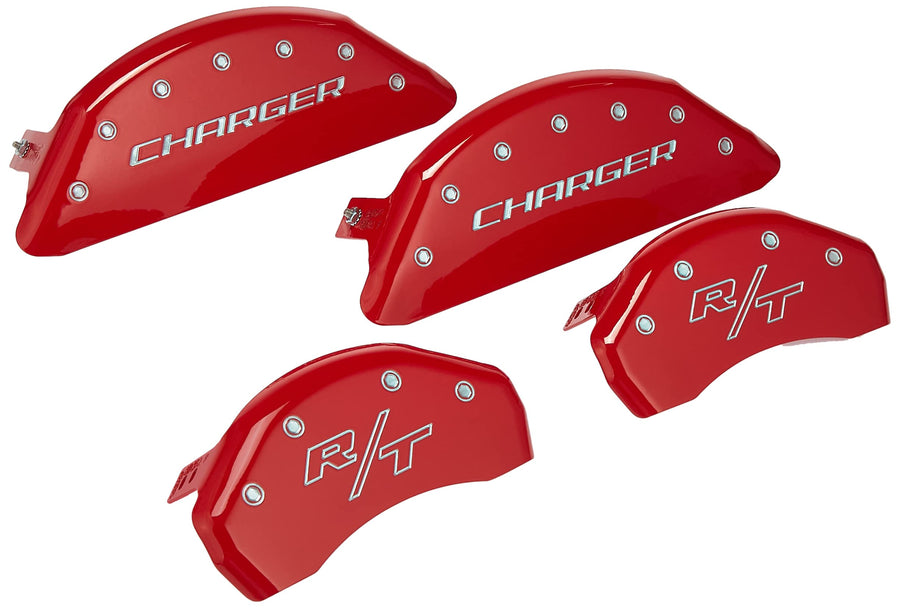 Brake Caliper Covers MGP - for 2011-2023 Dodge Challenger & 2011-2023 Dodge Charger (Requires Dual Piston Front Caliper) Front and Rear Set - Engraved CHARGER & R/T Vintage Logo (Red)