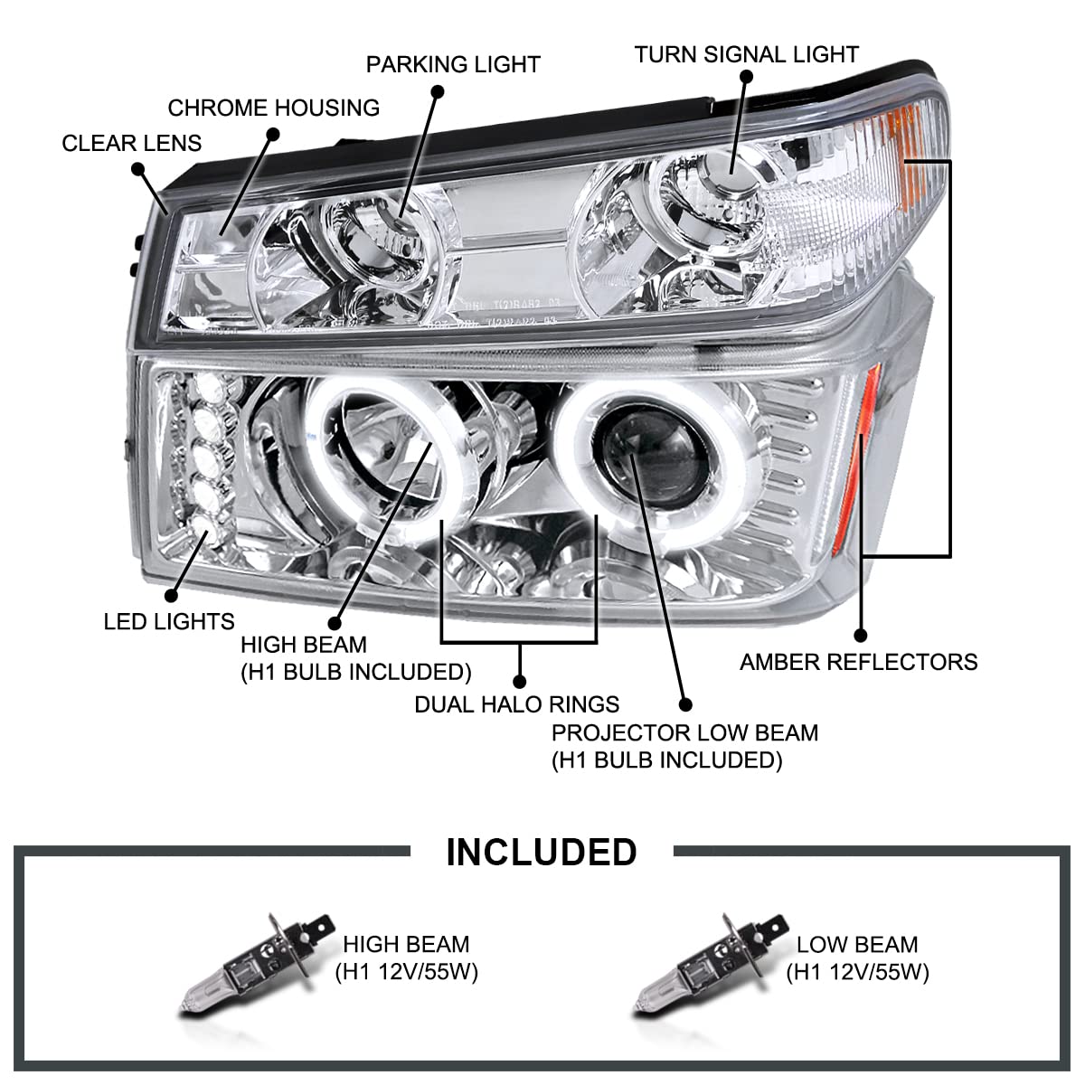 Chrome Housing SPEC-D TUNING Clear Lens LED Halo Projector Headlights + Bumper Lights Compatible with 2004-2012 Chevy Colorado, 2004-2012 GMC Canyon, Left + Right Pair Headlamps Assembly