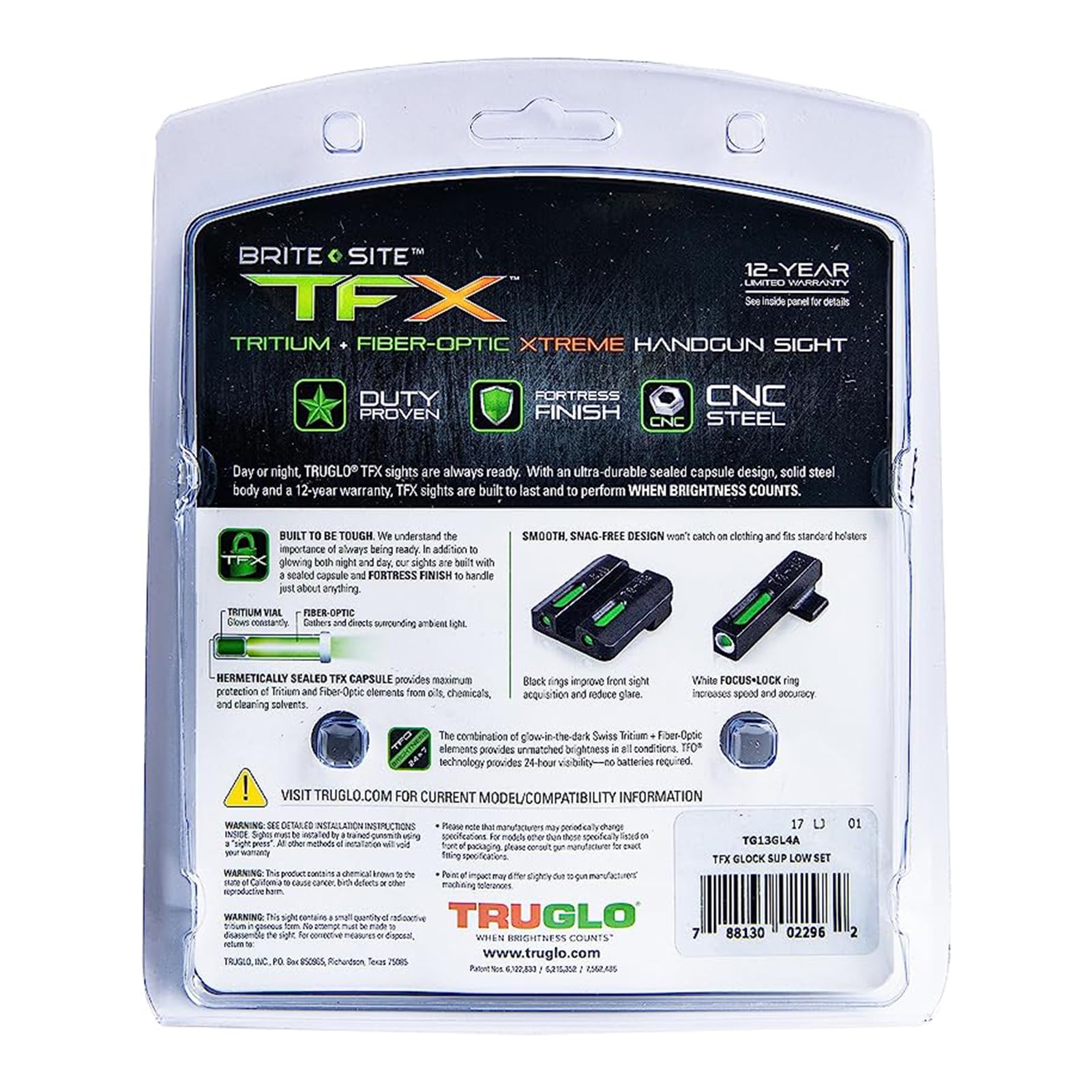 TRUGLO Handgun TFX Sight | Durable Shock-Resistant Compact Brightly Glowing Tritium & Fiber-Optic Xtreme Day/Night Sight, Compatible with Glock Suppressor Height Low Handguns