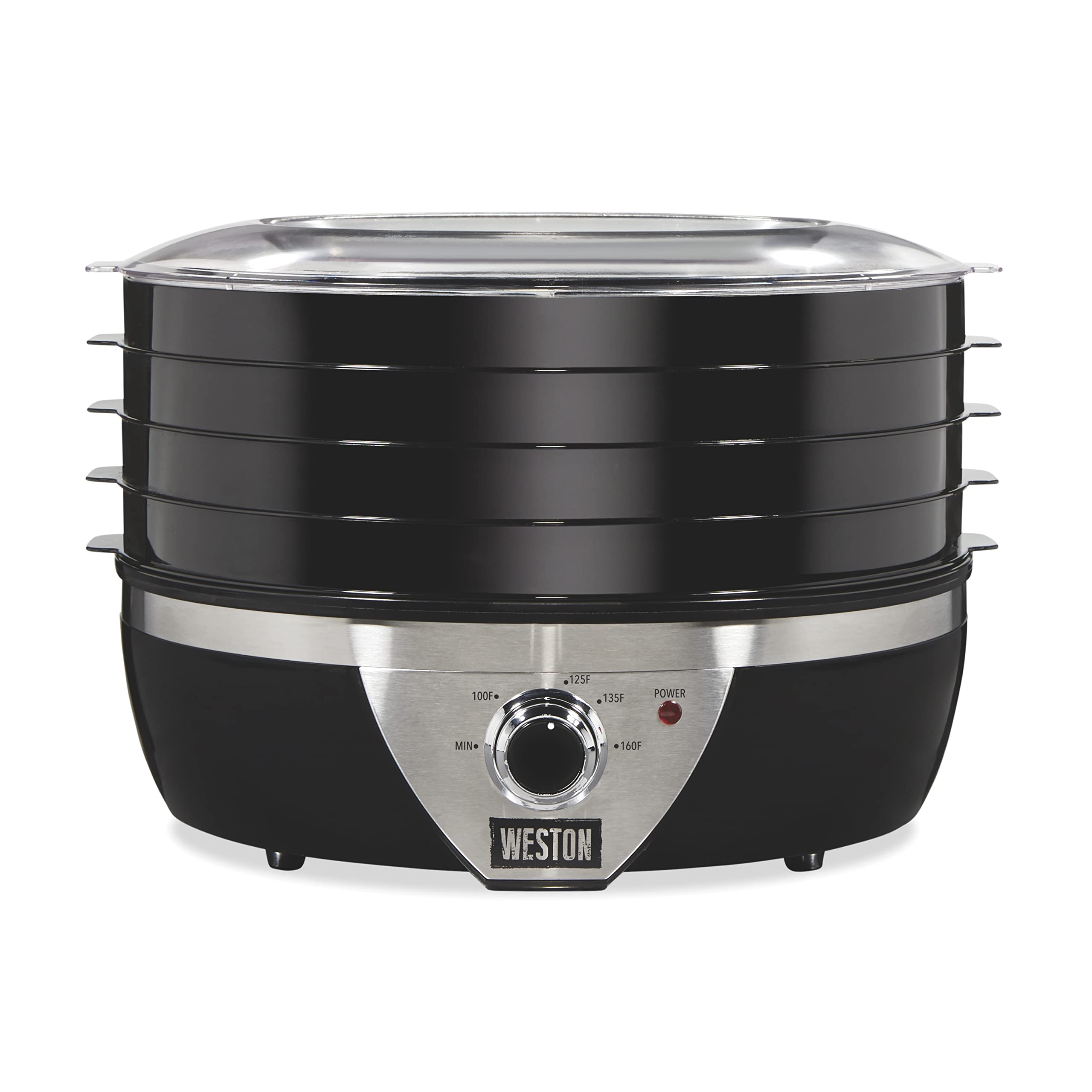 Weston Dehydrator Food Machine for Jerky, Fruit, Meat, Herbs, Vegetables, with Temperature Control (100-160F), 4 Stackable Trays (3 Sq. Ft.), Black & Stainless Steel Accents (75-0640-W)