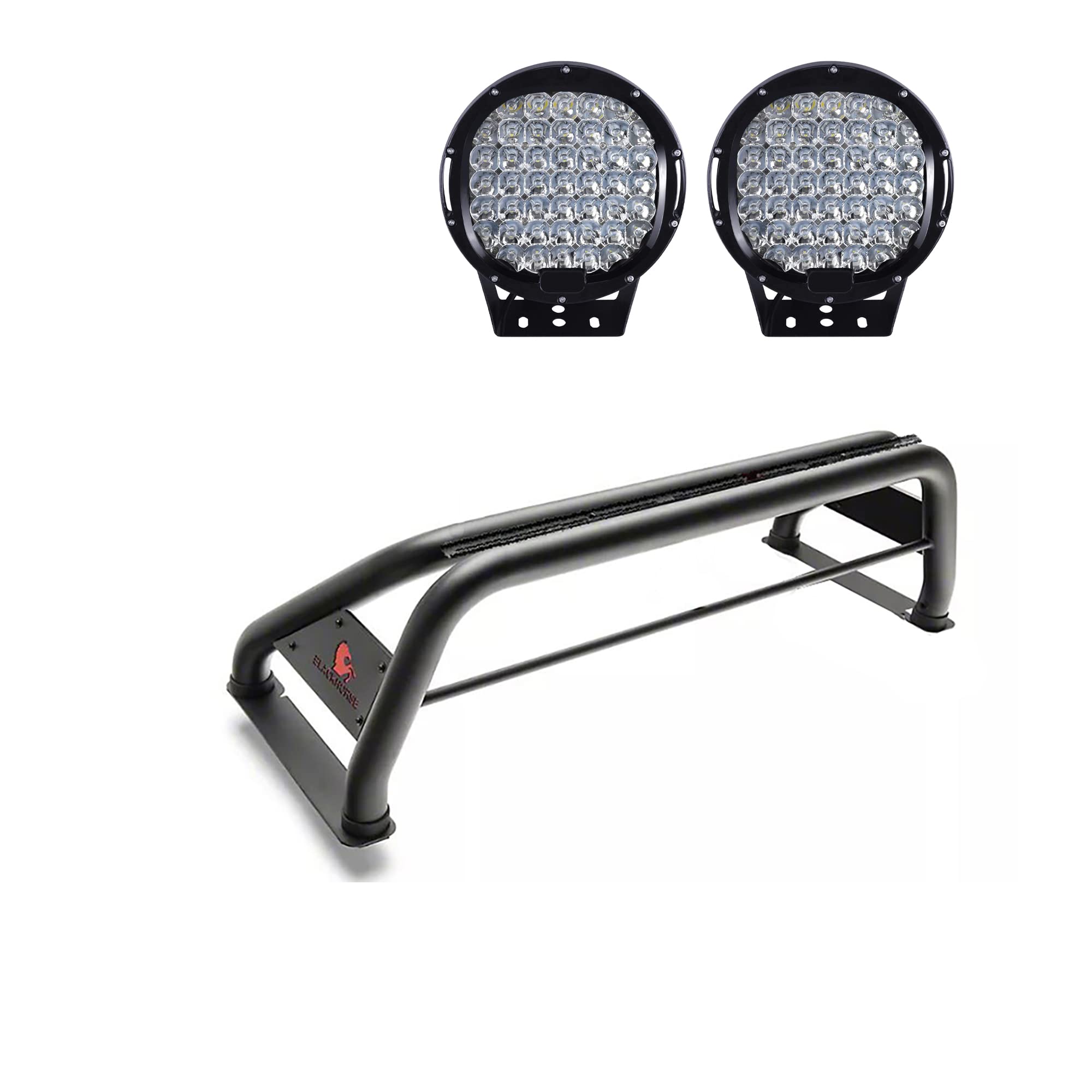 Black Classic Horse Roll Bar Incl.Set of 9 Black Round LED Light Compatible with 1999-2024 Ford F-250 Super Duty|1999-2024 Ford F-350 Super Duty|1999-2024 Ford F-450 Super Duty-RB015BK-PL69B