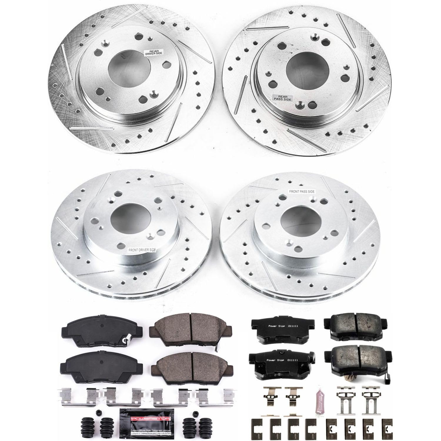 Power Stop K5936 Z23 Carbon Fiber Brake Pads Front and Rear with Drilled & Slotted Brake Rotors Kit For Honda CR-Z 2011-2015 [Model Specific]