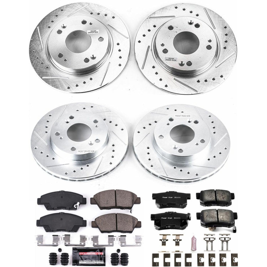 Power Stop K5936 Z23 Carbon Fiber Brake Pads Front and Rear with Drilled & Slotted Brake Rotors Kit For Honda CR-Z 2011-2015 [Model Specific]