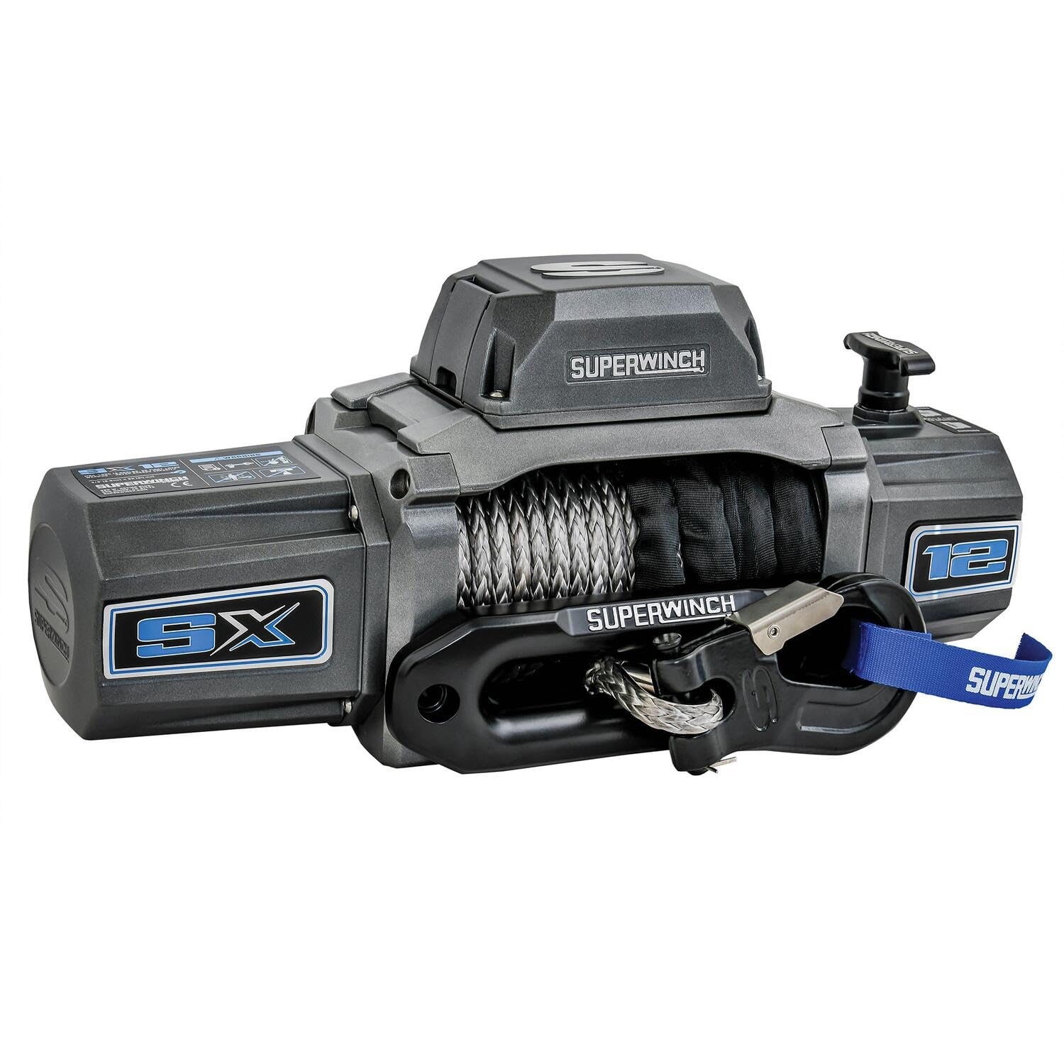 SX12SR Superwinch 1712201 12V DC Electric Waterproof Recovery Winch 12,000lb/5,443kg Single Line Pull with Hawse Fairlead 3/8in x 85ft Synthetic Rope Corded Handheld and Wireless Remote No-Bind Clutch