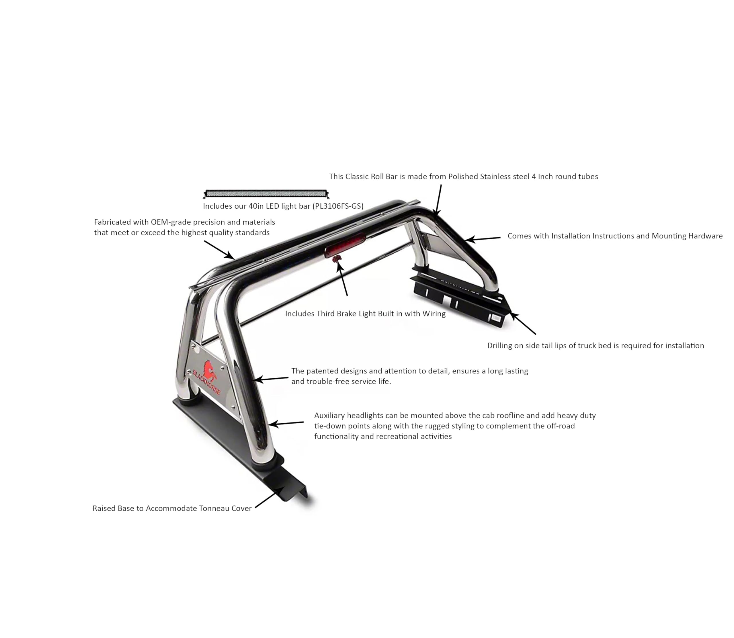 Classic Black Horse Roll Bar Stainless Steel Compatible with 2005-2021 Nissan Frontier