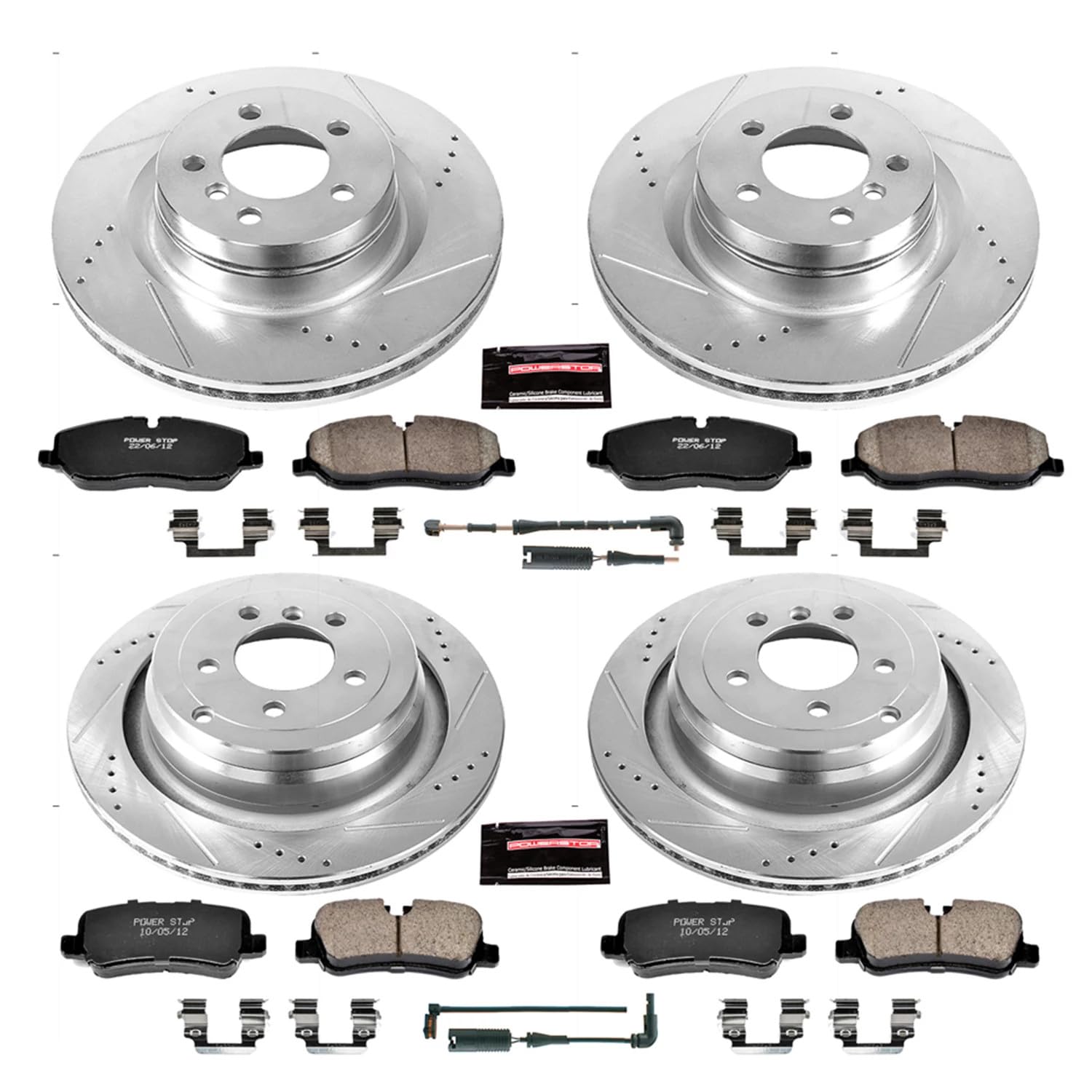 Power Stop K5632 Z23 Carbon Fiber Brake Pads with Front and Rear Drilled & Slotted Brake Rotors Kit and 1 Front & 1 Rear Sensor Wires