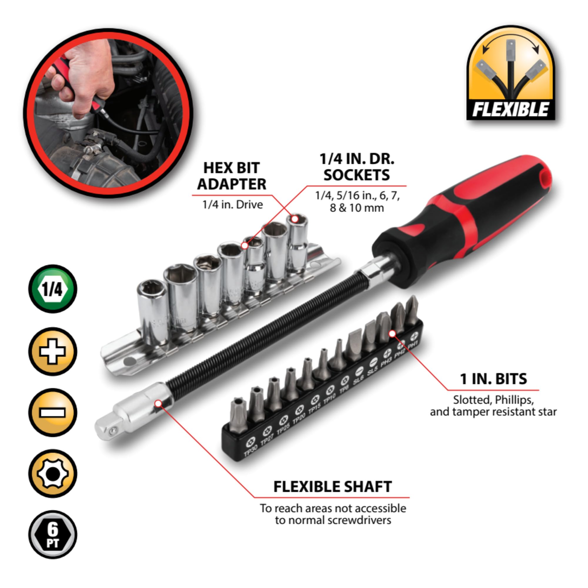 20 Pc. Performance Tool W1744 Multi-Purpose Flexible Driver Set
