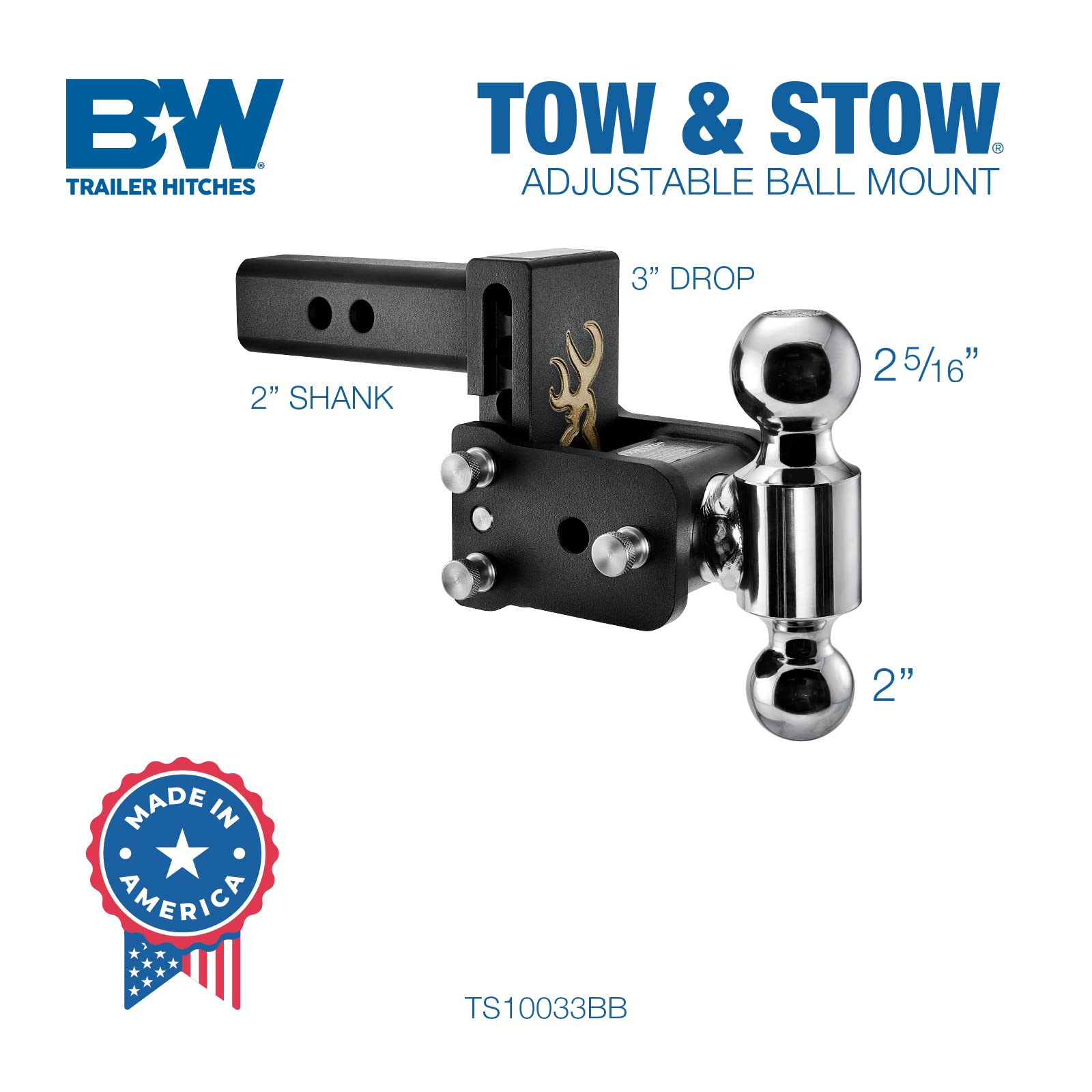 B&W Trailer Hitches Adjustable Tow & Stow Trailer Hitch Ball Mount with Browning Logo - Fits 2" Receiver, Dual Ball (2" x 2-5/16"), 3" Drop, 10,000 GTW - TS10033BB