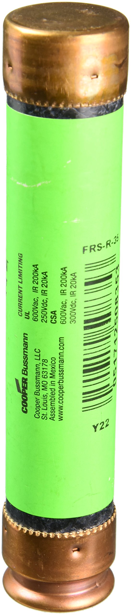 Eaton Bussmann FRS-R-35 Fuse, Class RK5 Time-delay Dual-element Current Limiting, 35 A, Interrupting Rating of 200 kA at 600 Vac and 20 kA at 250 Vdc