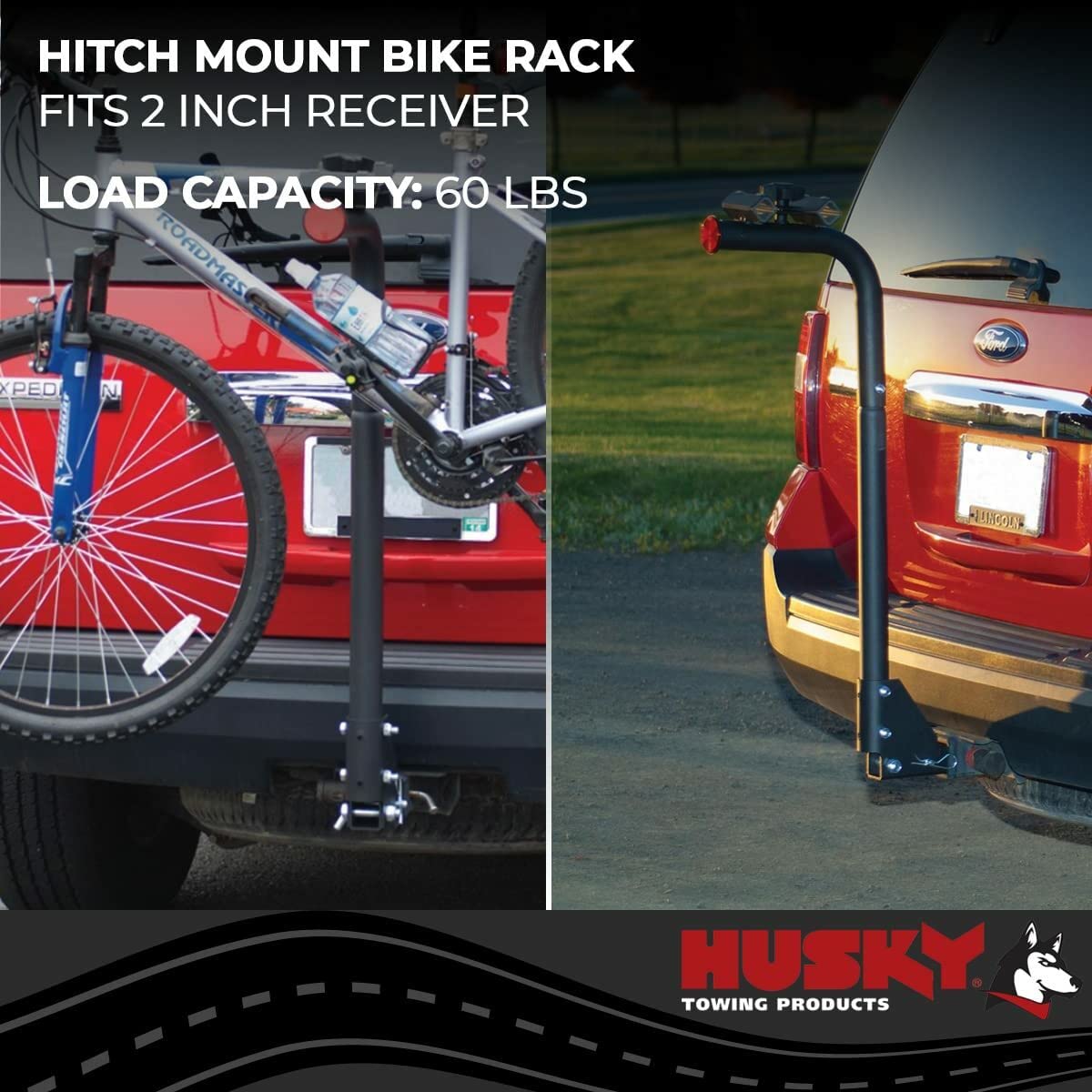 Husky Bike Rack Towing 81146, 2 Inch Receiver Hitch Mount, Holds 2 Bikes, Up to 60 Pound Weight Capacity, Bike Frame Clamp, Without Lock, Non-Foldable, Black Powder Coated, Steel