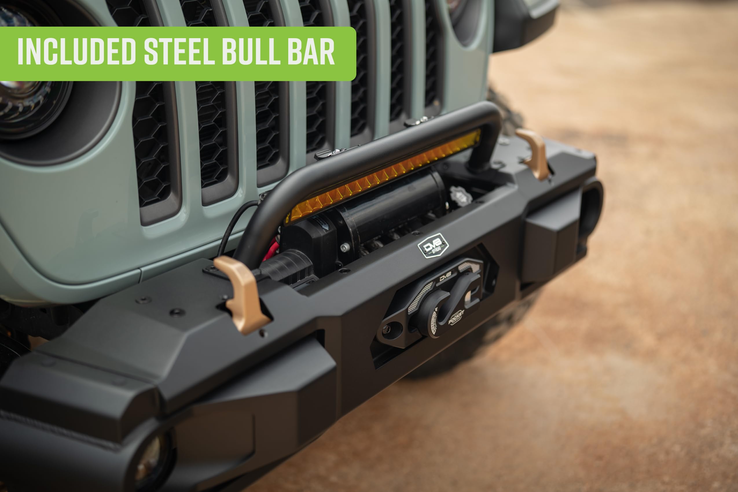DV8 Offroad Front Bumper OE Plus for 2018-2025 Jeep Wrangler JL & 2020-2025 Gladiator JT | Retains OEM Styling | Recessed Winch Mount | (2) Fog Light or Pod Light Mounts | Removable Wings | Bull Bar