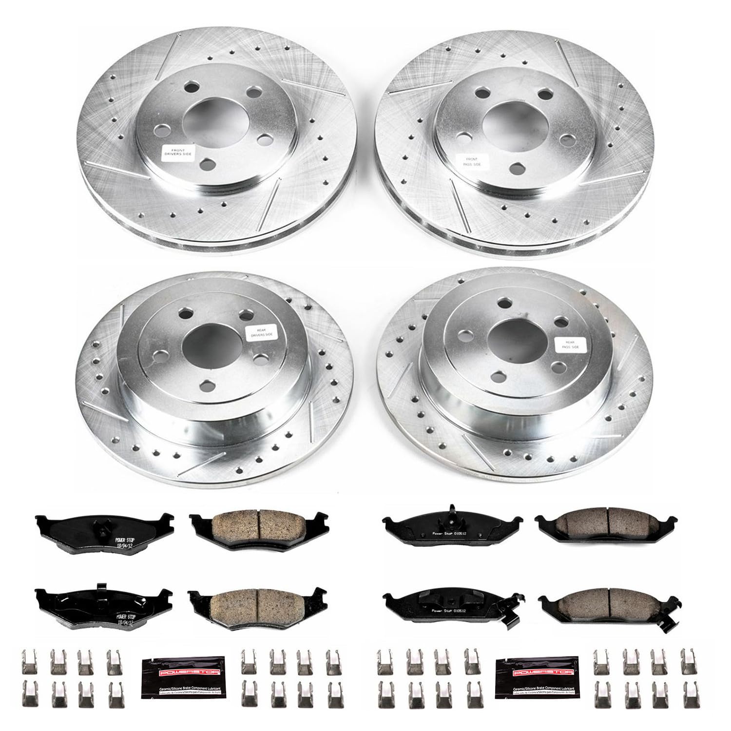 Power Stop K1677 Z23 Carbon Fiber Brake Pads Front and Rear with Drilled & Slotted Brake Rotors Kit For Dodge Stratus 1995-2000, Plymouth Breeze 1996-2000 [Model Specific]