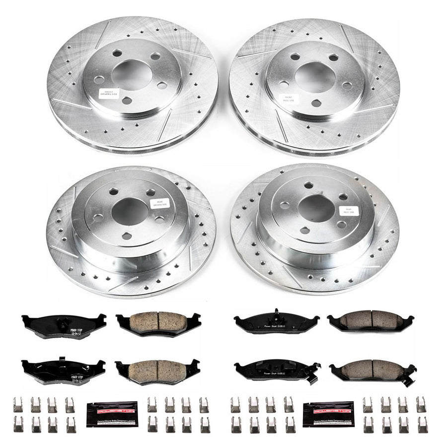 Power Stop K1677 Z23 Carbon Fiber Brake Pads Front and Rear with Drilled & Slotted Brake Rotors Kit For Dodge Stratus 1995-2000, Plymouth Breeze 1996-2000 [Model Specific]
