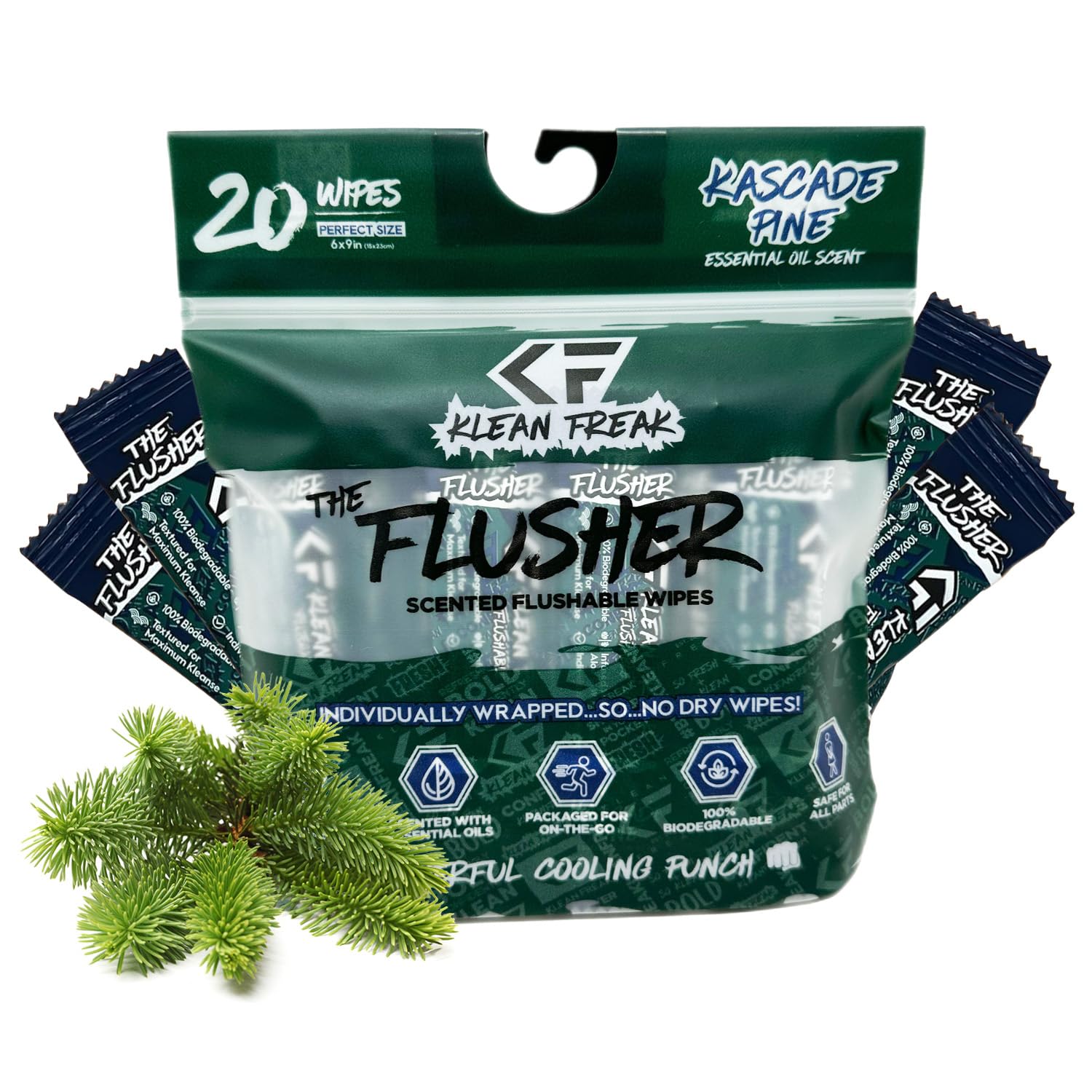 FLUSHER THE KLEAN FREAK - Flushable Wipes For Adults & Kids - 100% BIODEGRADABLE Individual Wrapped Travel WET Wipe for Toilet - Soothing Aloe & Witch Hazel - Alcohol Free 20 Pack - Kascade Pine