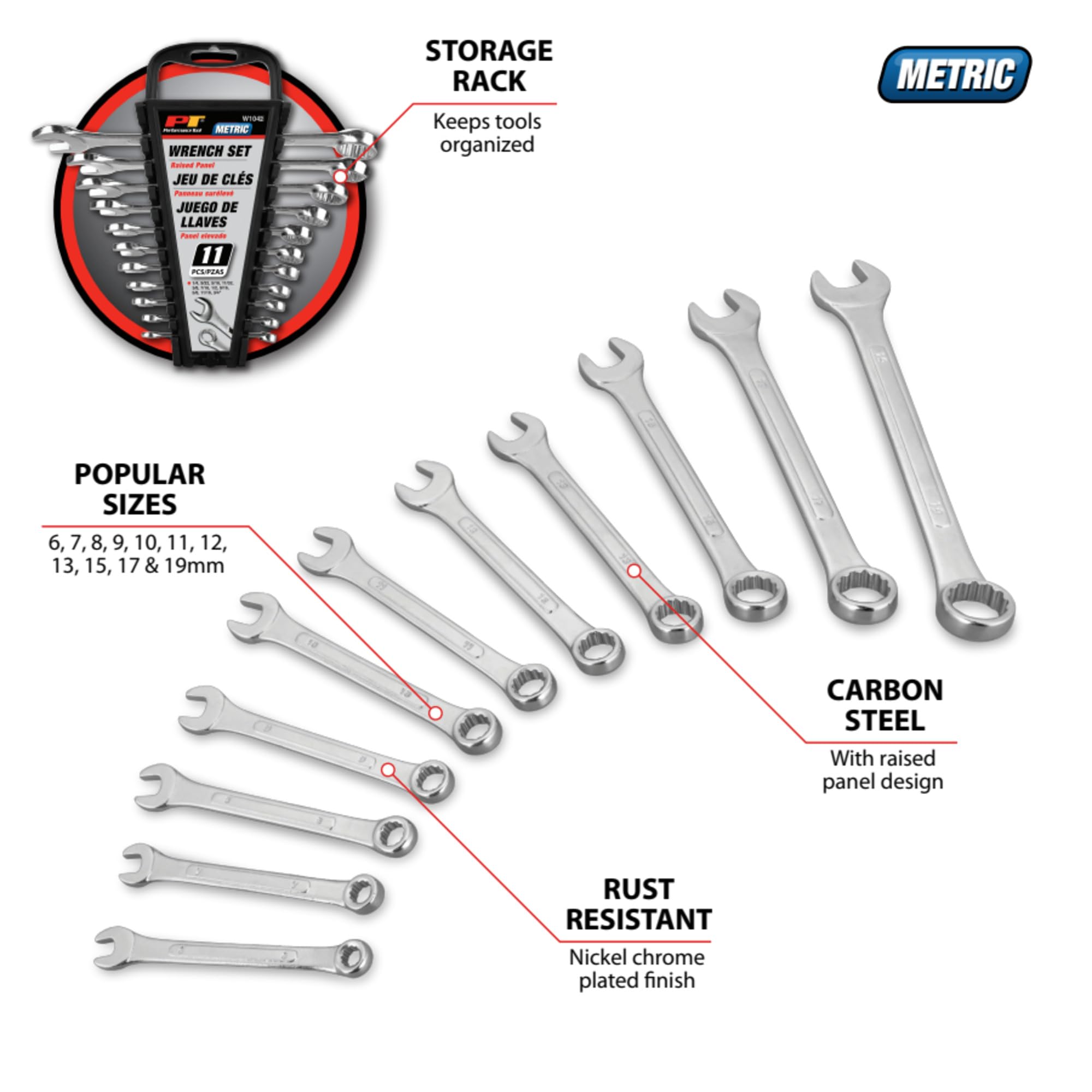 W1042 Performance Tool 11 Pc. Metric Wrench Set - Nickel Chrome-Plated, Carbon Steel, Storage Rack