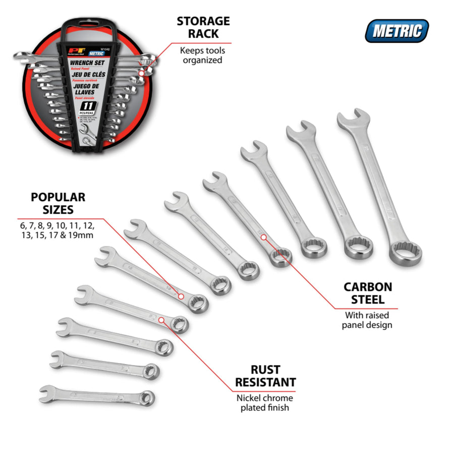 W1042 Performance Tool 11 Pc. Metric Wrench Set - Nickel Chrome-Plated, Carbon Steel, Storage Rack