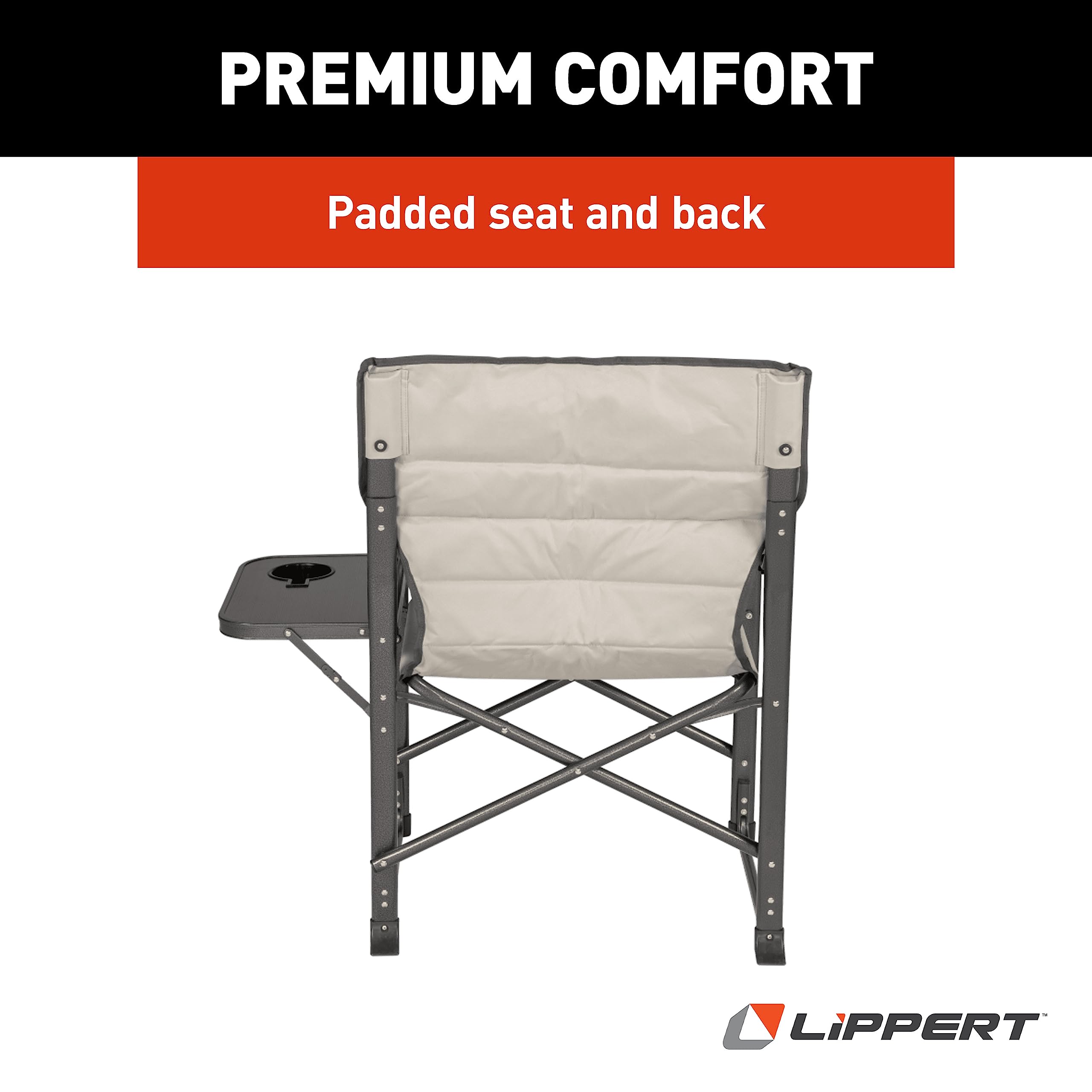 Lippert Components Director Chair Scout Plus with Side Table for Camping, Foldable, Steel Tube Frame, 600D Polyester, UV and Water Resistant PVC Coating, 400 lb. Weight Capacity, Sand - 2021123282