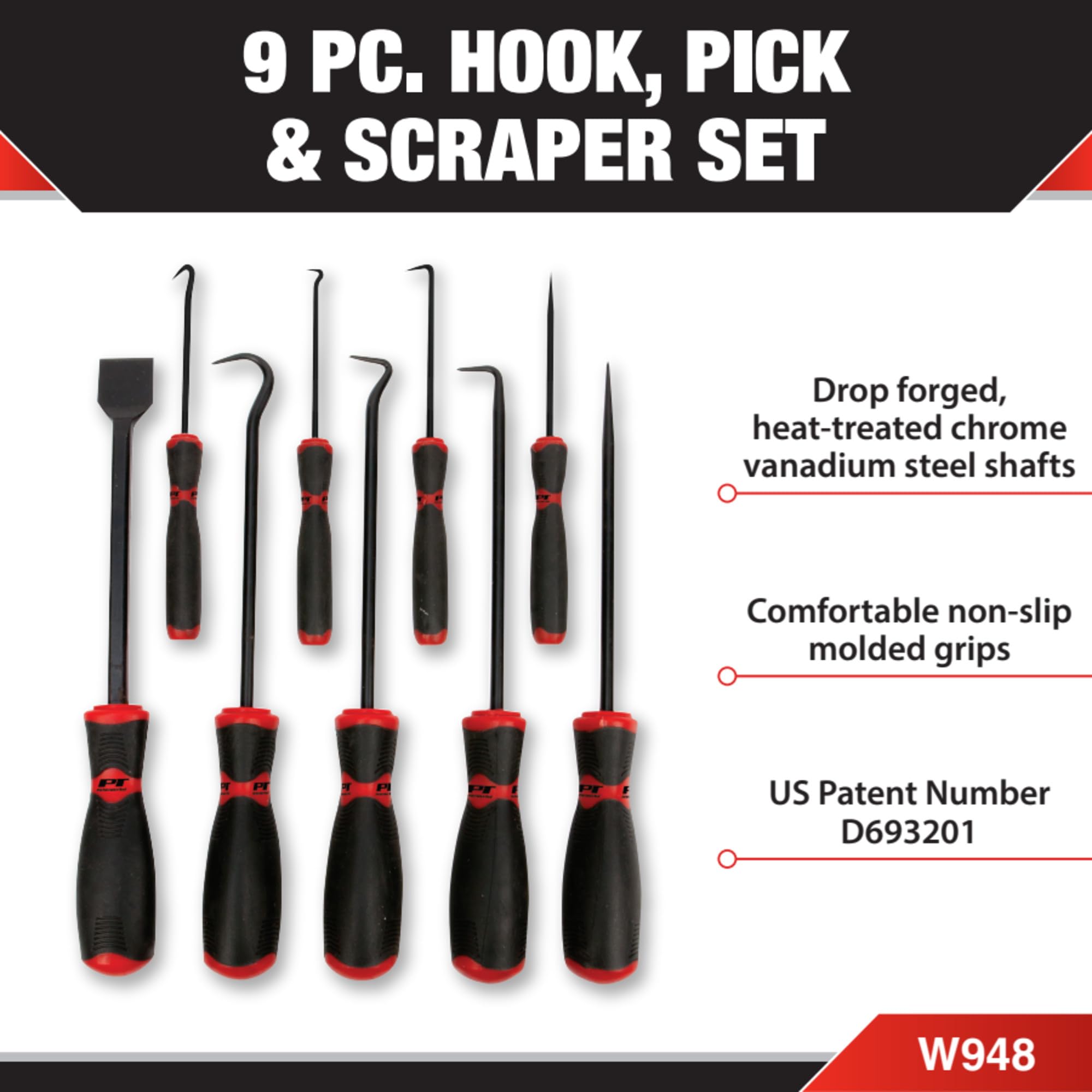 W948 Performance Tool 9-Piece Hook/Pick/Scraper Set,Black/Red