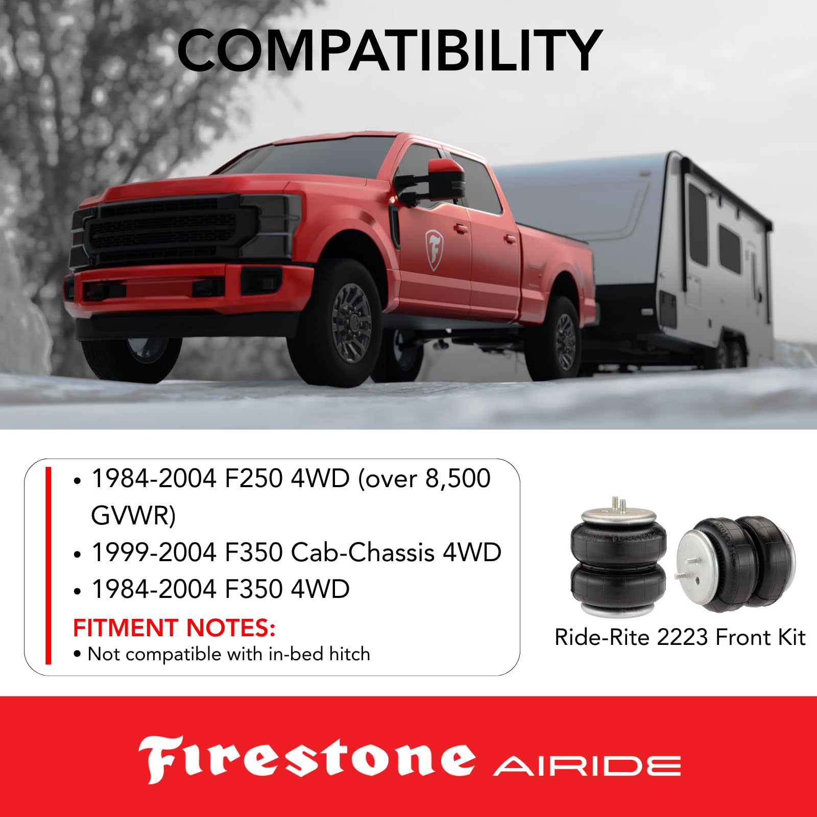 Firestone 2223 Airide Ride-Rite Front Air Springs Kit fits 1984-2004 F250 F350 4WD and 1999-2004 F350 Cab-Chassis 4WD | 5-100 PSI | Load Capacity of 5,000 Pounds | Reduces Tire Wear