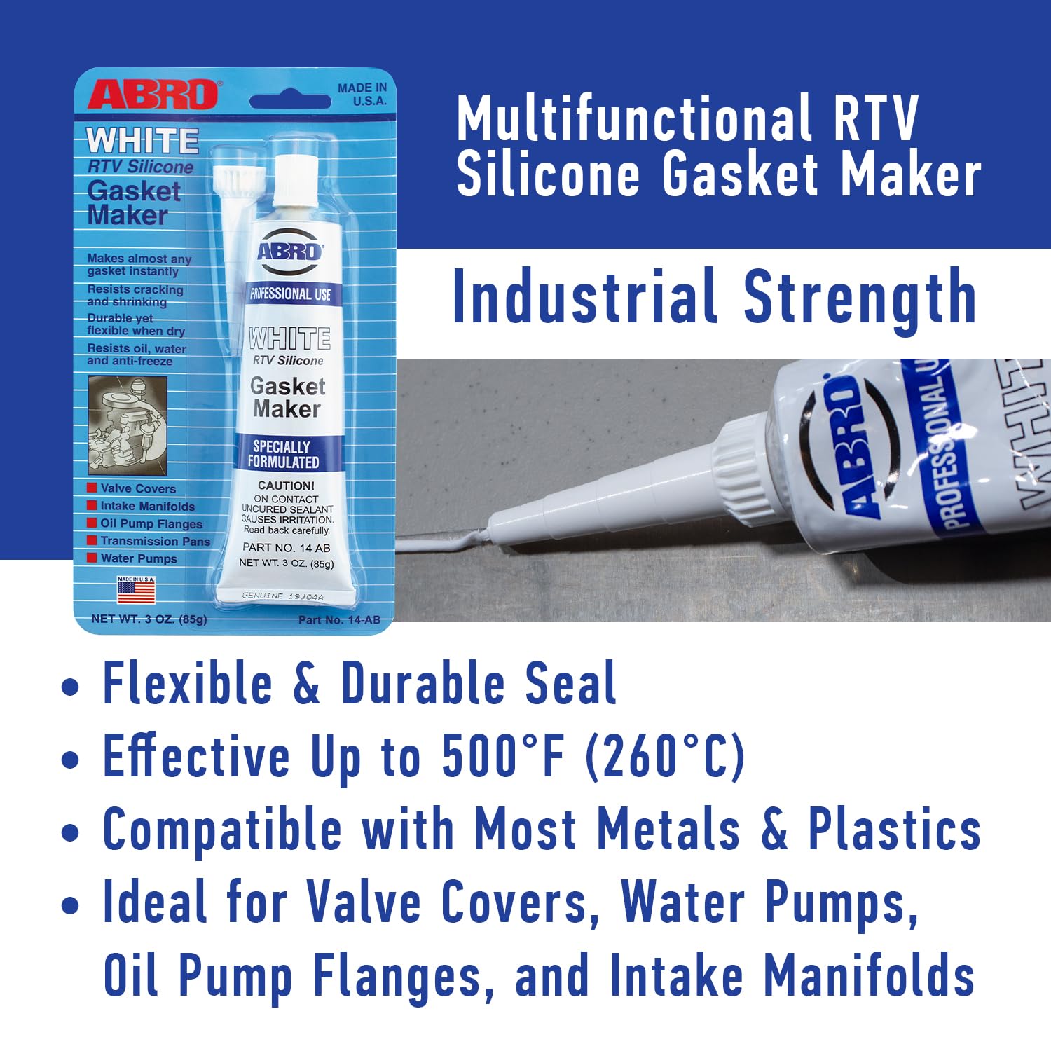 RTV Silicone Sealant and Gasket Maker ABRO: Up to 500 Degree F Heat, High Temp Silicone Sealant, 3 oz/85g Tube - White
