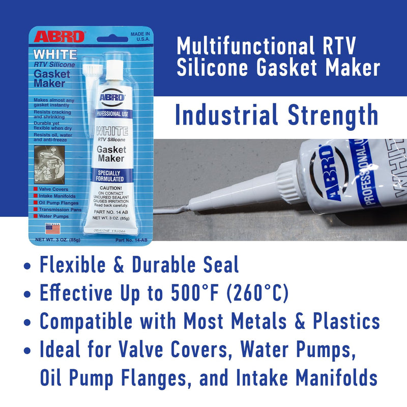 RTV Silicone Sealant and Gasket Maker ABRO: Up to 500 Degree F Heat, High Temp Silicone Sealant, 3 oz/85g Tube - White