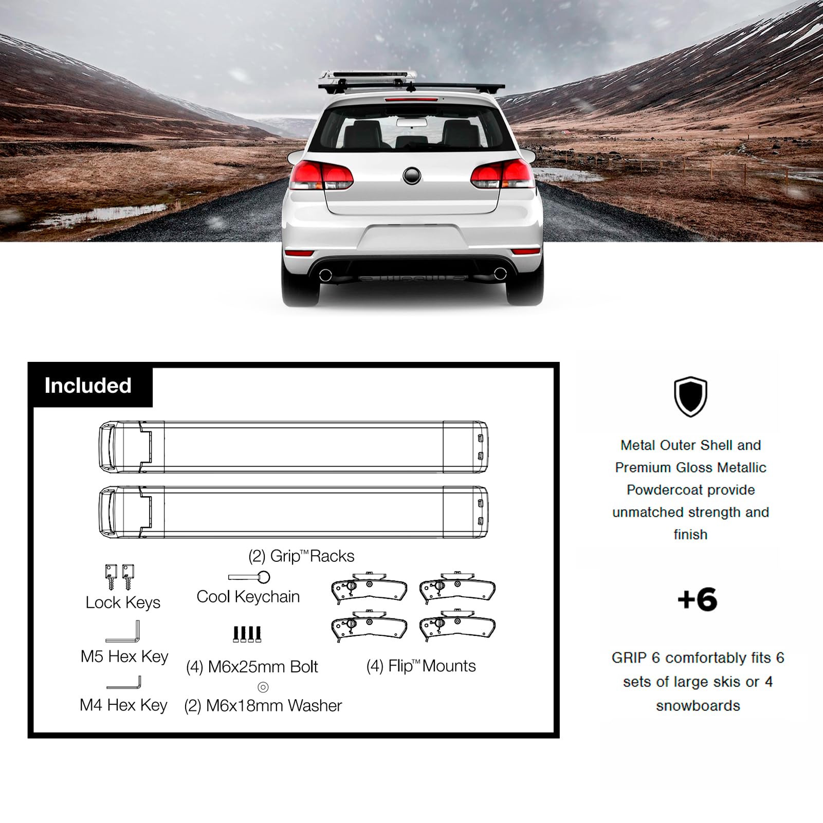 Grip 6 KUAT Durable Universal Car SUV Rooftop Crossbars Mounted Winter Sports Gear Hauling Transportation Slide-Out Locking Clamshell Rack, Fits 6 Skis/4 Snowboards - Gray Metallic with Orange Anodize