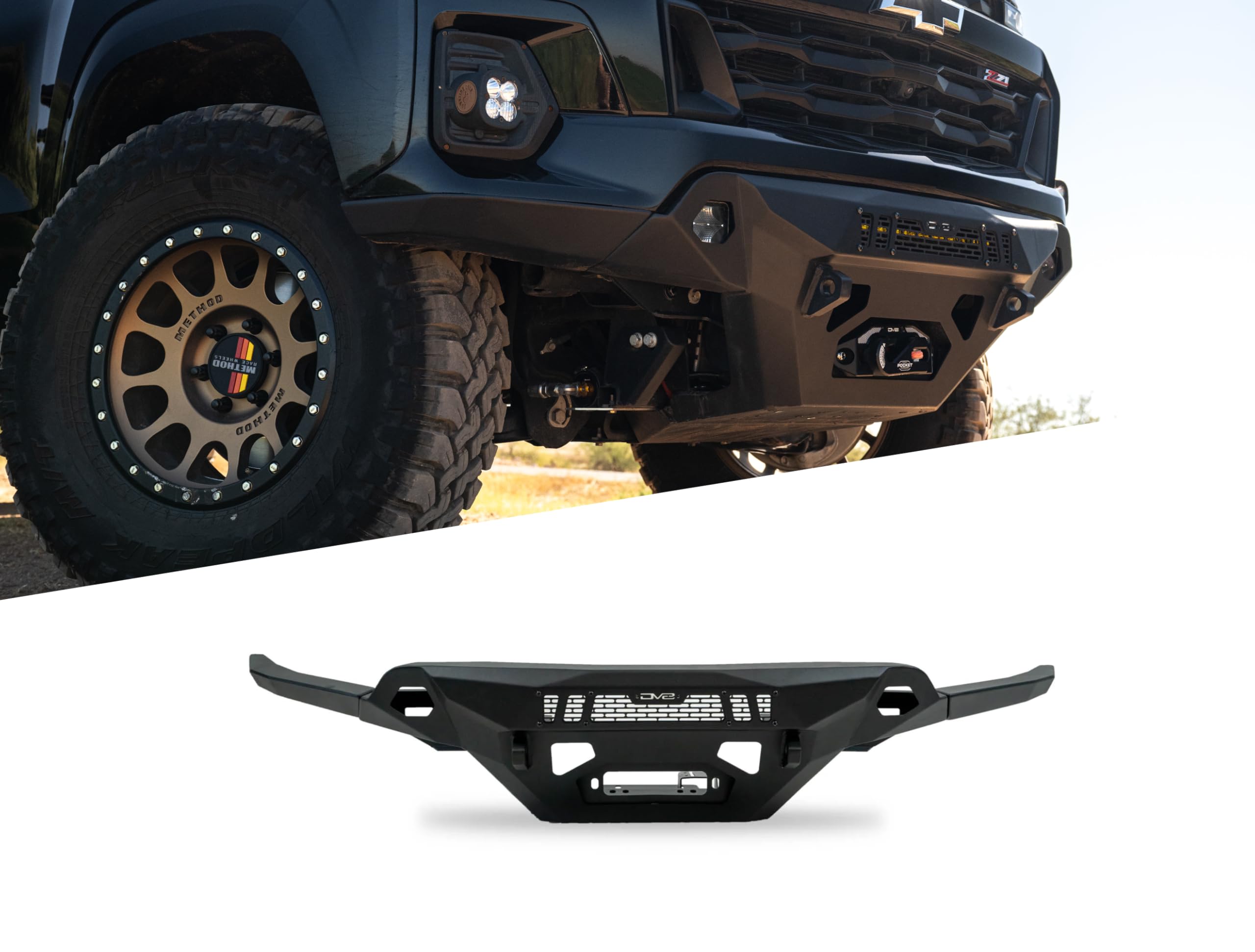 Offroad DV8 Spec Series Front Bumper for 2023-2024 Chevy Colorado | Heavy-Duty Winch Mount | 20" Dual or Single Row Light Bar Mount | (2) 3" Pod Light Mounts | Pair of D-Ring Mounts | Powder Coated