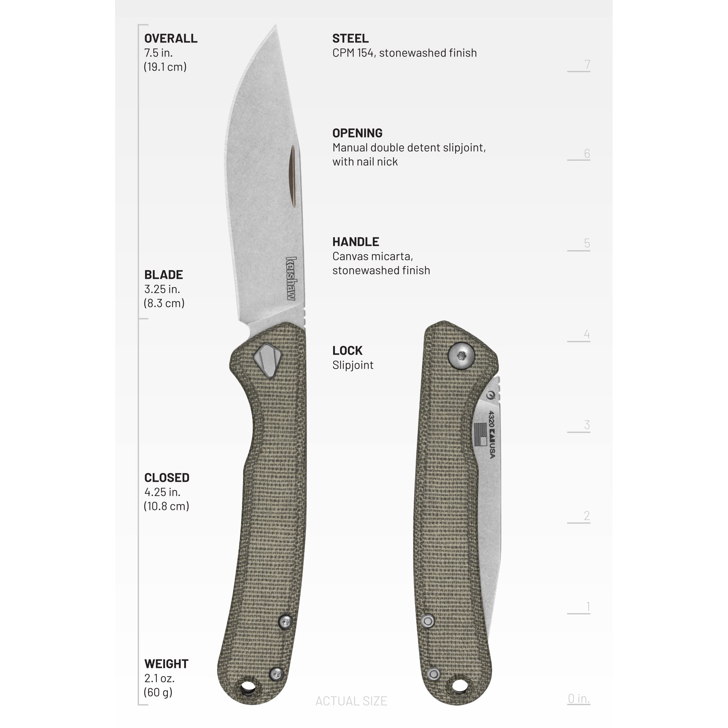 Kershaw Folding Federalist Pocket Knife, Manual Folder with Nail Nick, 3.25 inch CPM 154 Stainless Steel Blade, Made in the USA, Green