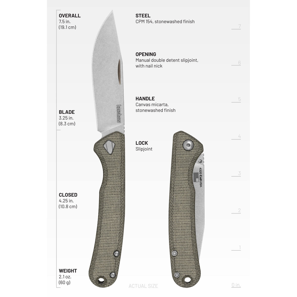 Kershaw Folding Federalist Pocket Knife, Manual Folder with Nail Nick, 3.25 inch CPM 154 Stainless Steel Blade, Made in the USA, Green