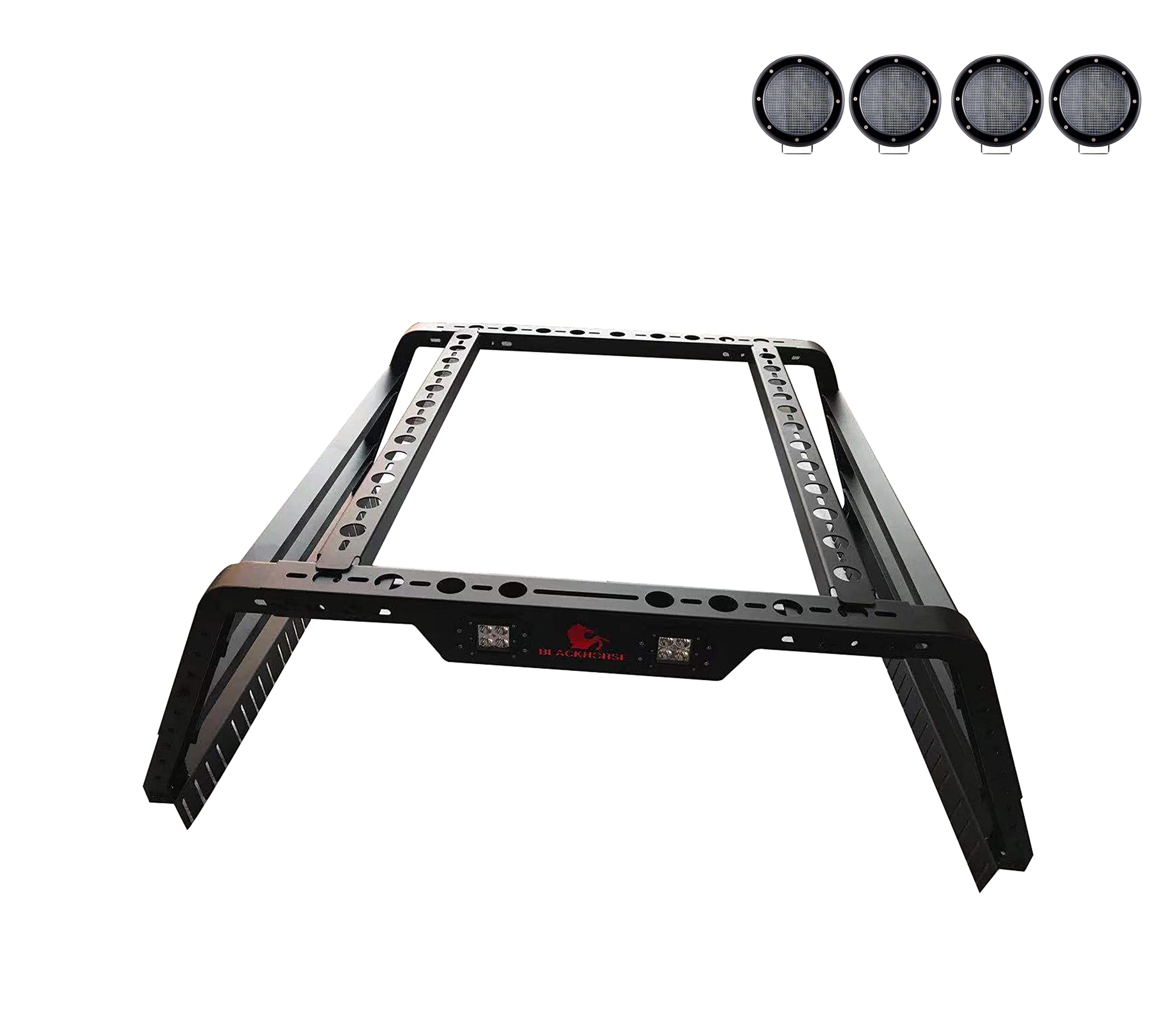 Overland Black Horse Bed Rack Incl.Set of 5.3" Dia.LED Light w/Black Trim Rings Compatible with Full Size and Small Trucks, Dodge Ram,Gladiator, Titan, GMC, Chevrolet, Ford, Frontier-TR01B-PLFB