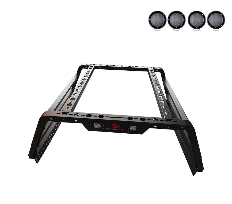 Overland Black Horse Bed Rack Incl.Set of 5.3" Dia.LED Light w/Black Trim Rings Compatible with Full Size and Small Trucks, Dodge Ram,Gladiator, Titan, GMC, Chevrolet, Ford, Frontier-TR01B-PLFB