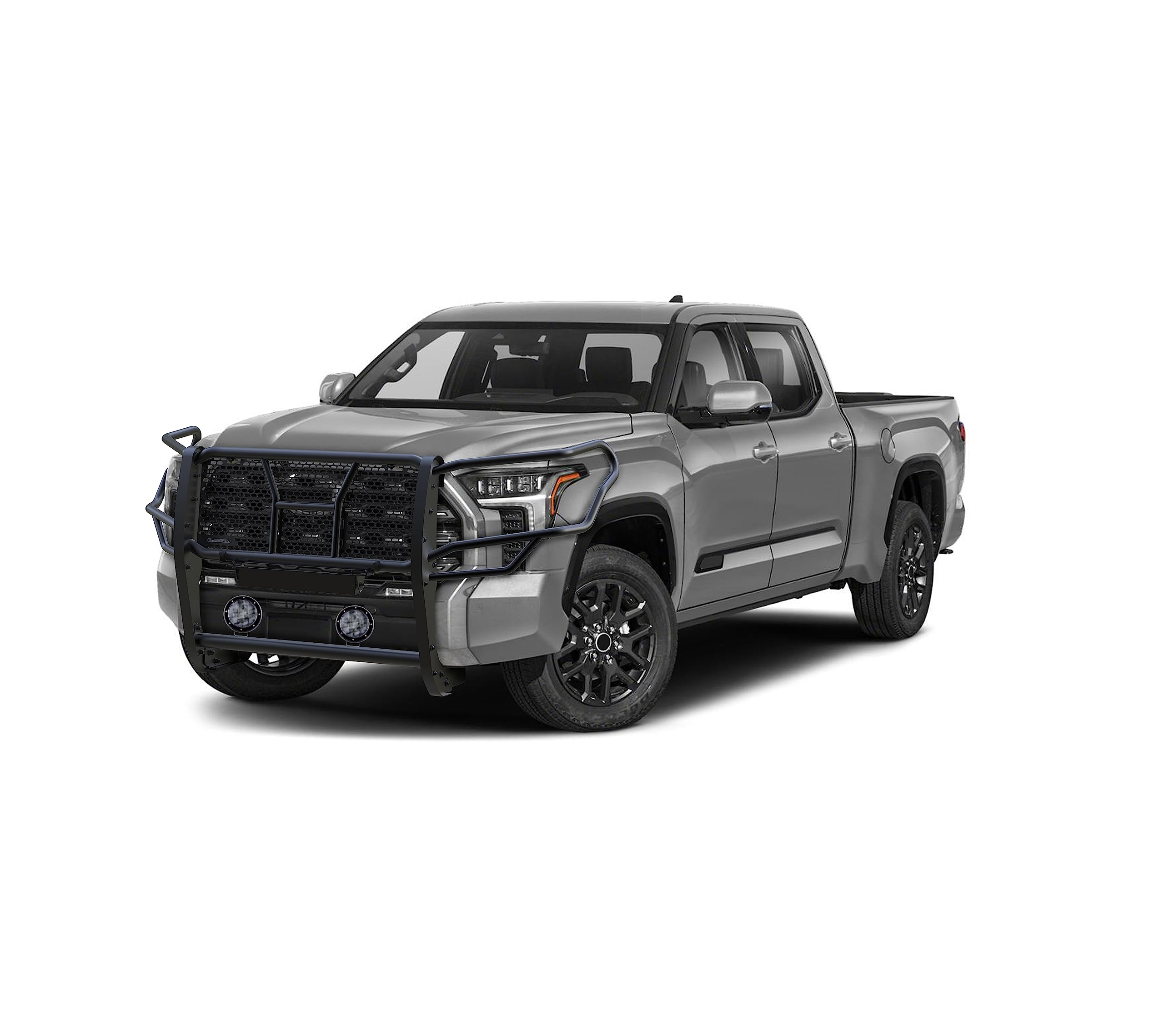 Heavy Duty Black Horse Rugged Grille Brush Bumper Guard Modular Black Come with Pair of 5.3" Dia.LED Lights with Black Trim Rings Compatible with 2022-2024 Toyota Tundra-RU-TOTU22-B-PLFB