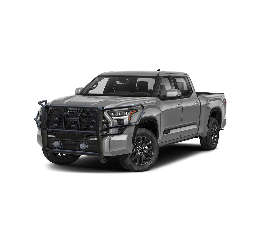Heavy Duty Black Horse Rugged Grille Brush Bumper Guard Modular Black Come with Pair of 5.3" Dia.LED Lights with Black Trim Rings Compatible with 2022-2024 Toyota Tundra-RU-TOTU22-B-PLFB
