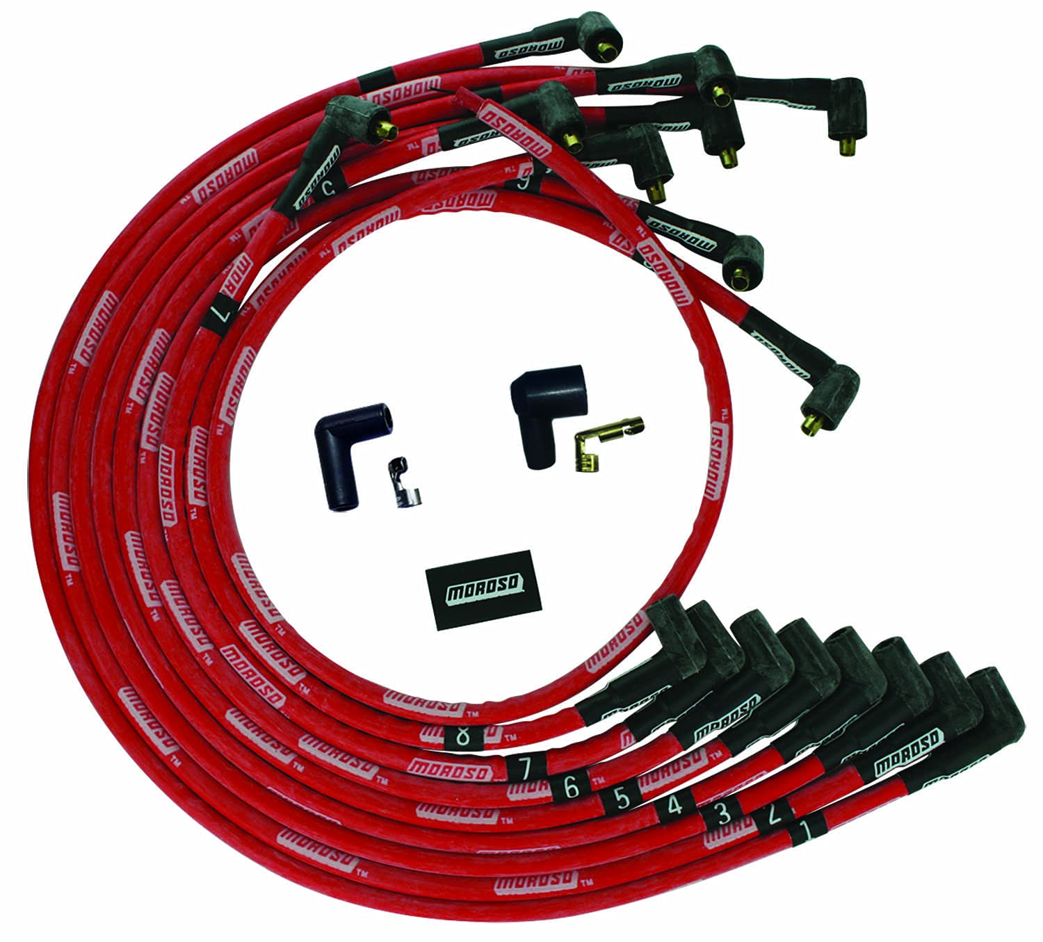 Moroso Ultra Series Red Sleeved Spark Plug Wires, Big Block Chevy, Routing Under Header, 90 Degree Plug Ends, Non HEI Distributor