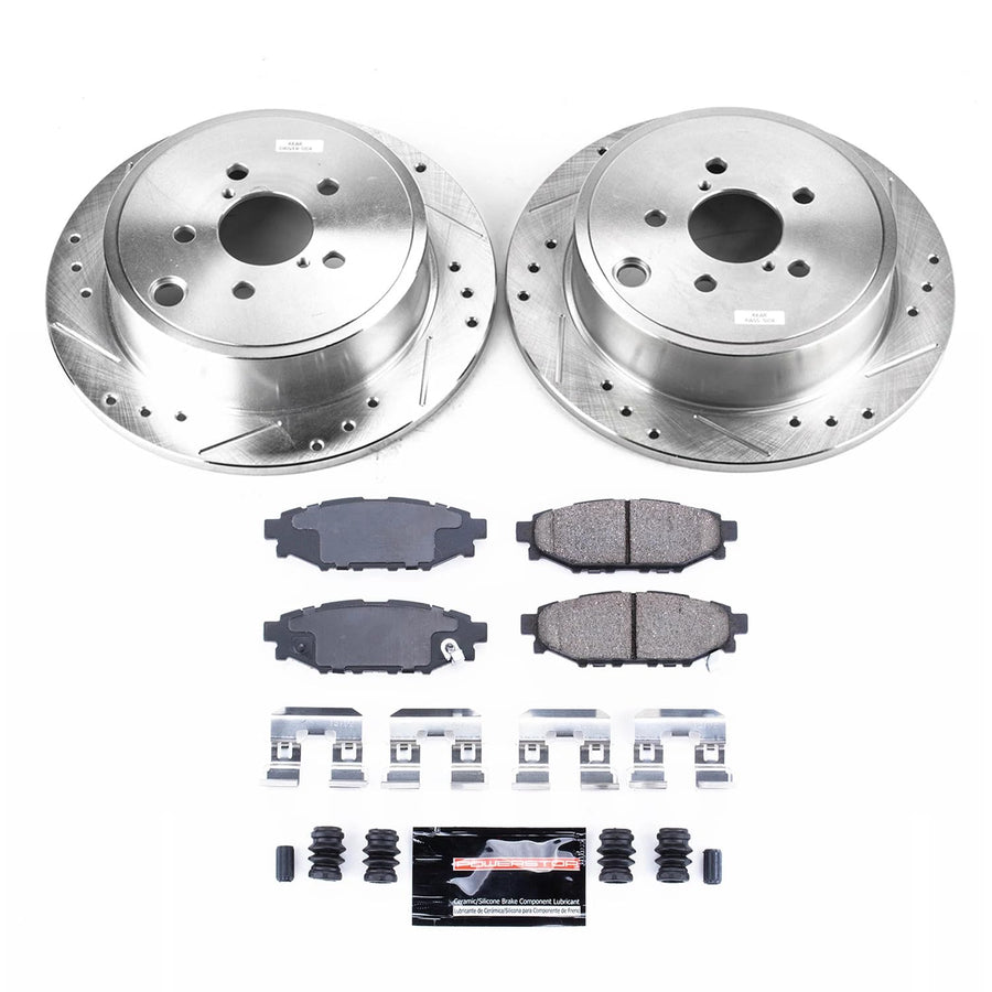 Power Stop K4631 Z23 Carbon Fiber Brake Pads Rear with Drilled and Slotted Brake Rotors Kit For Subaru BRZ Forester Impreza Legacy Outback WRX [Application Specific]