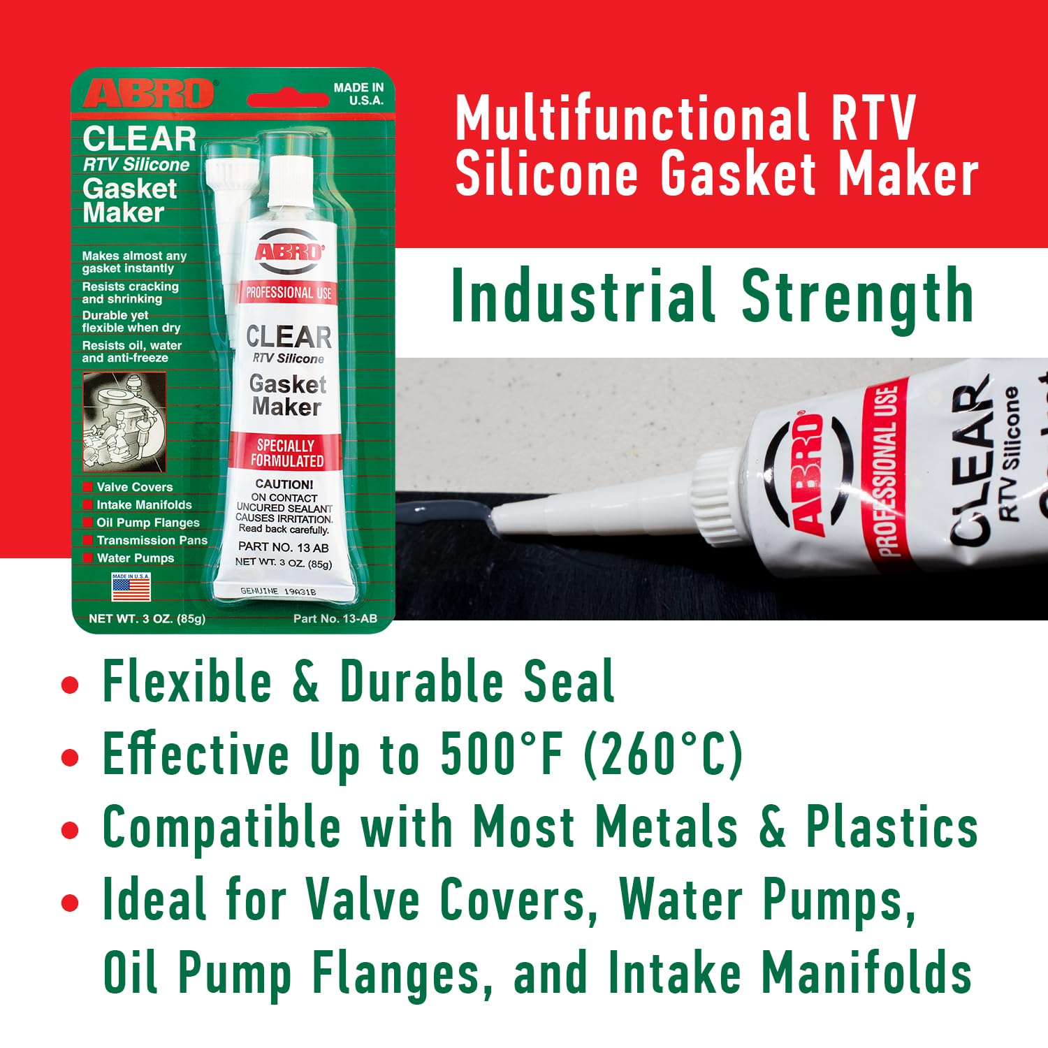 RTV Silicone Sealant and Gasket Maker ABRO: Up to 500 Degree F Heat, High Temp Silicone Sealant, 3 oz/85g Tube - Clear