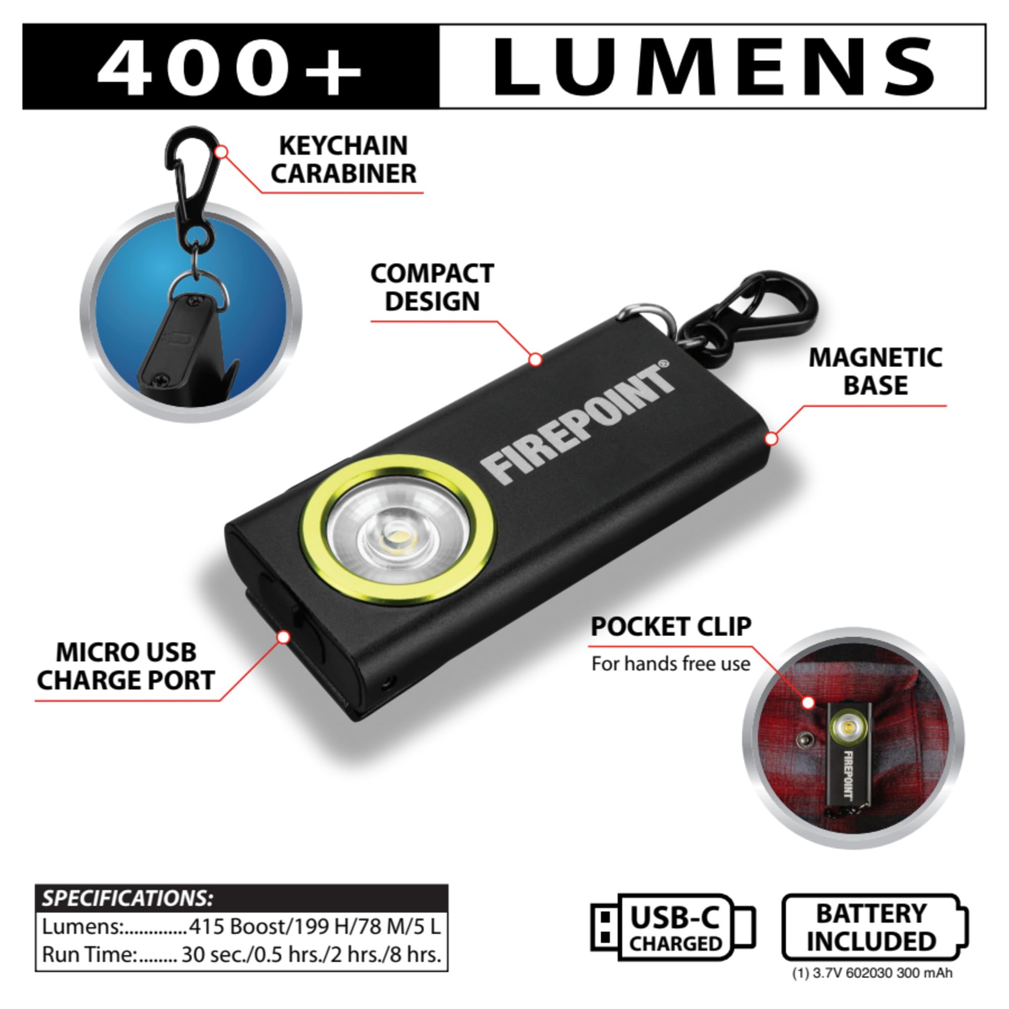 Firepoint Performance Tool W2623 400+ LM Li-Ion Slim Pocket Light, Cree LED, Magnetic Base, Keychain Carabiner, Pocket Clip, Black/Green