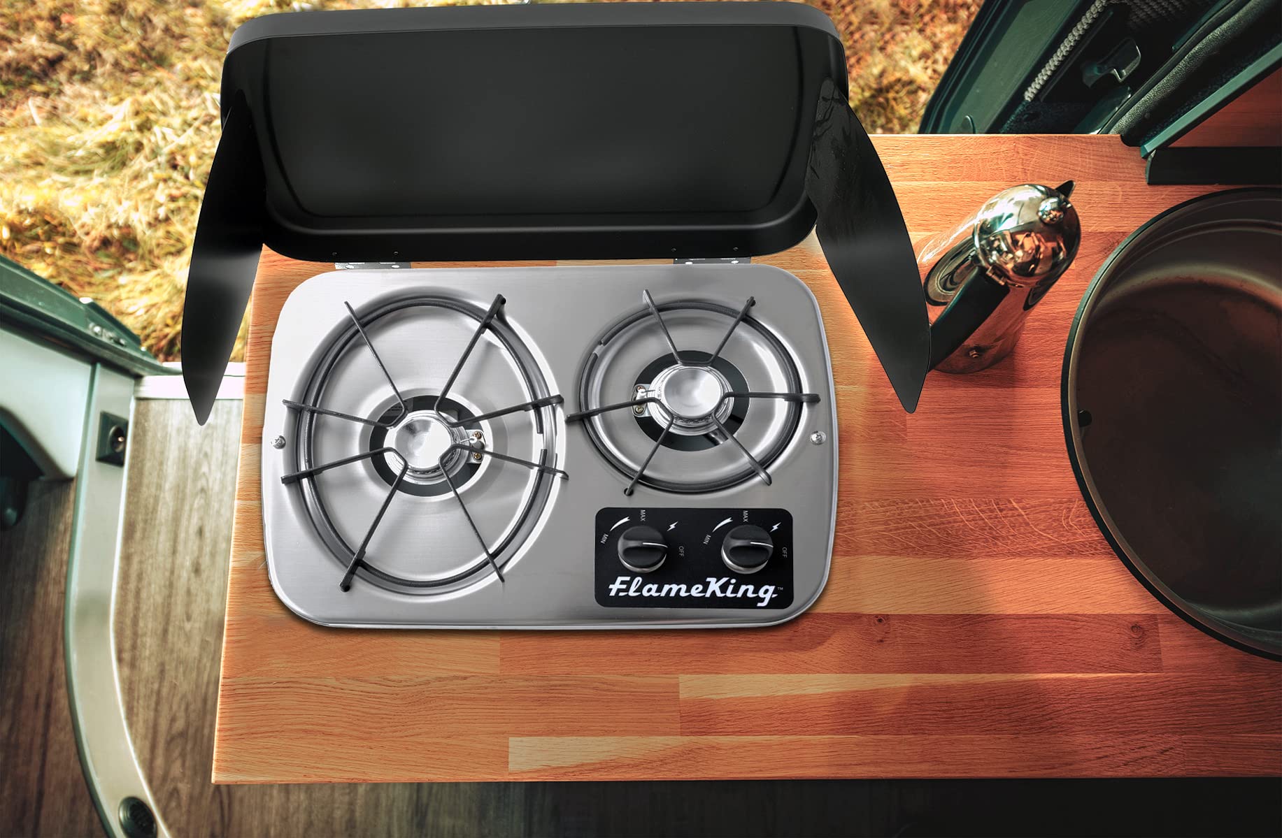 Flame King 2-Burner YSNHT600 Built-in RV Cooktop Propane Stove, 7200 and 5200 BTU Burners, Self-Igniting, Cover Included, Silver, 18.5" x 13" x 4.5"