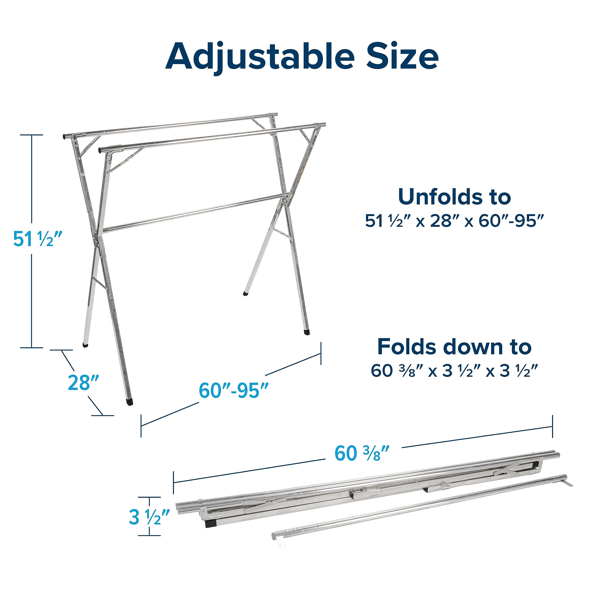 Portable Camco Clothes Drying Rack | Features 3 Horizontal Drying Rods | Extend from 60-inches to 95-inches Long to Provide Plenty of Drying Space | Light Weight Stainless Steel (51339)