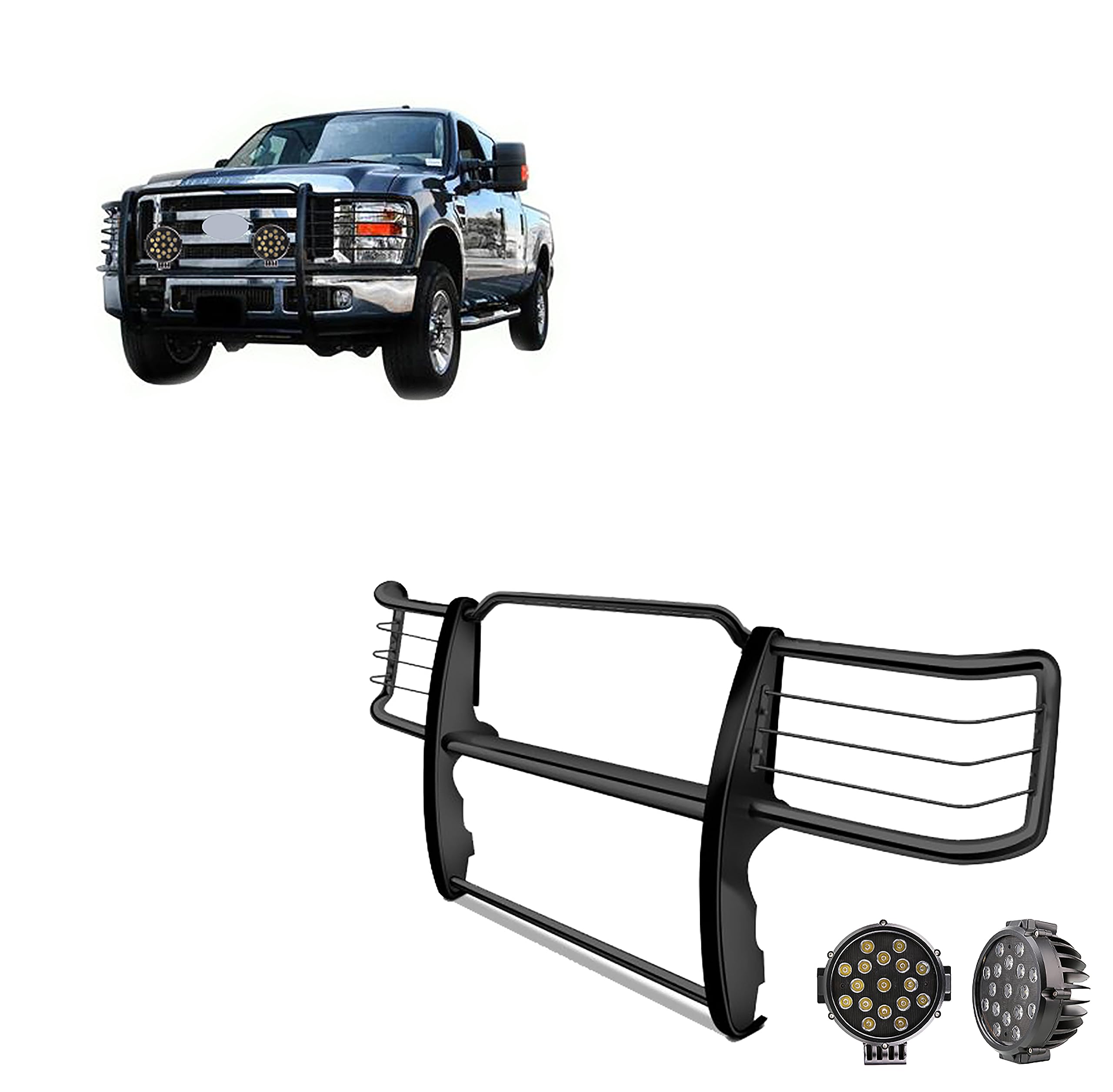 Bumper Guard Black Horse Grille Brush Modular Black Come with Pair of 7.0" Dia.LED Lights with Black Trim Rings Compatible with 2011-2014 Silverado 2500 HD|2011-2014 Silverado 3500 HD-17GT26MA-PLB