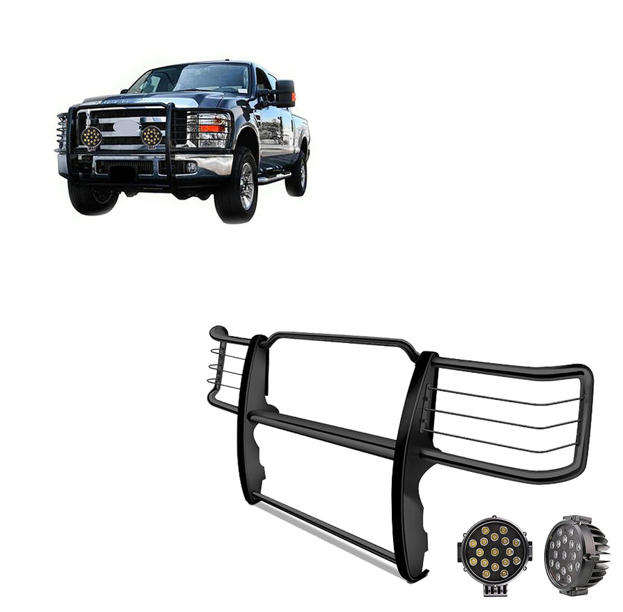 Bumper Guard Black Horse Grille Brush Modular Black Come with Pair of 7.0" Dia.LED Lights with Black Trim Rings Compatible with 2011-2014 Silverado 2500 HD|2011-2014 Silverado 3500 HD-17GT26MA-PLB