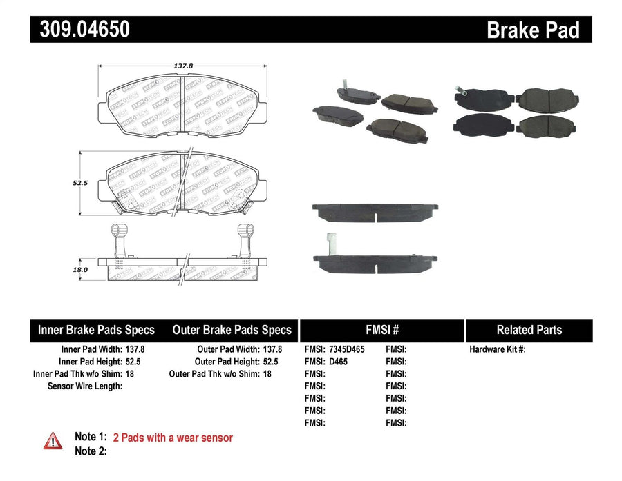 Sport Brake Pads StopTech 309.04650 with Shims and Hardware