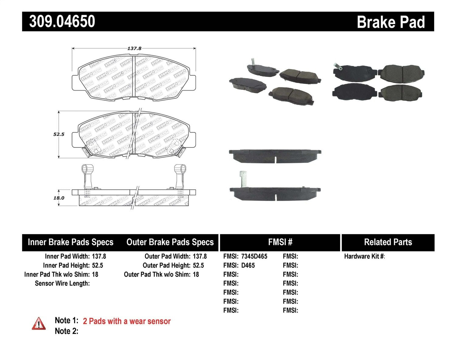 Sport Brake Pads StopTech 309.04650 with Shims and Hardware