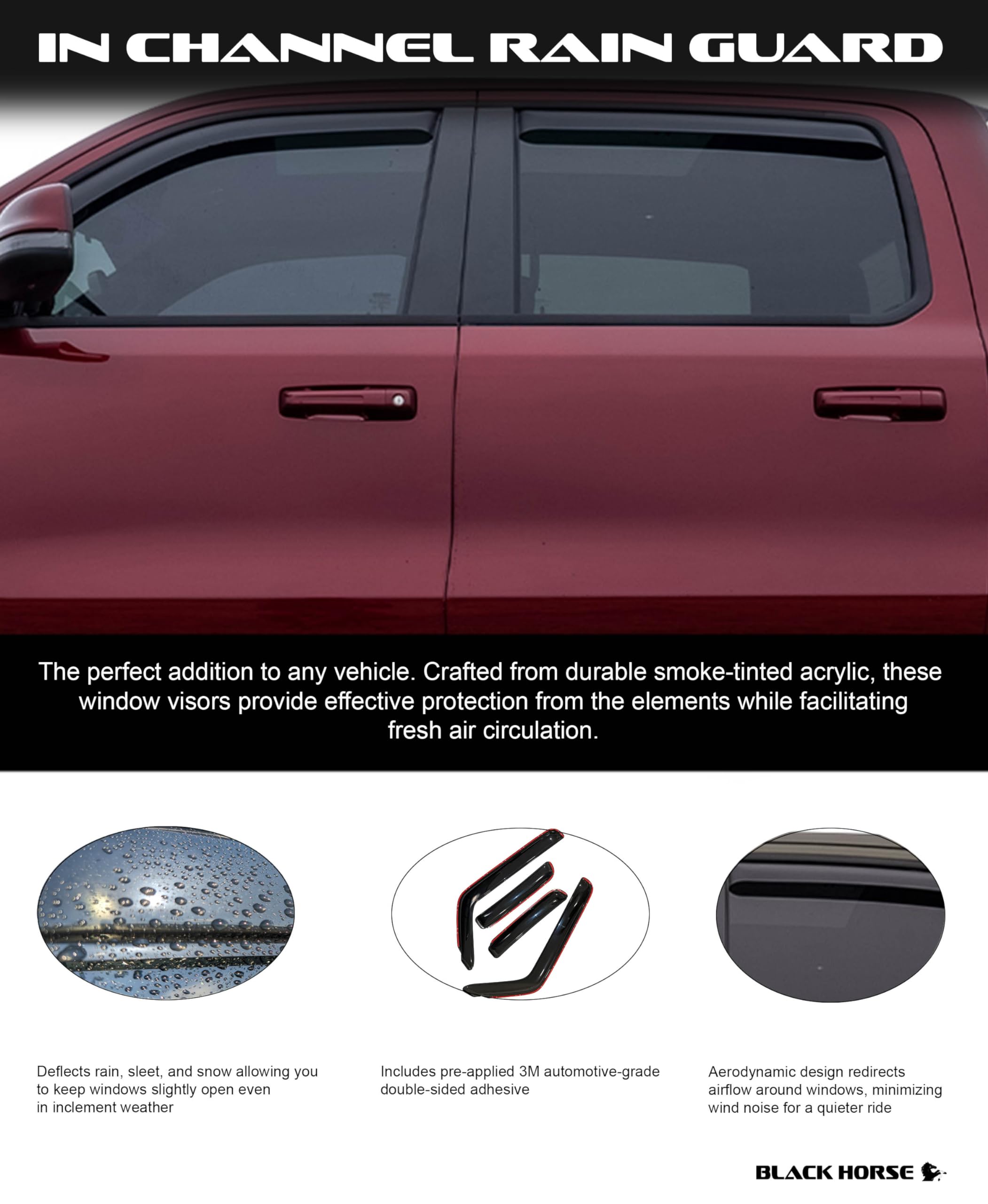 Off Road Black Horse [BHOR] in Channel Rain Guards/Wind Deflectors Compatible with 2013-2018 Nissan Pathfinder Smoke 4 PCs - 141531-IN